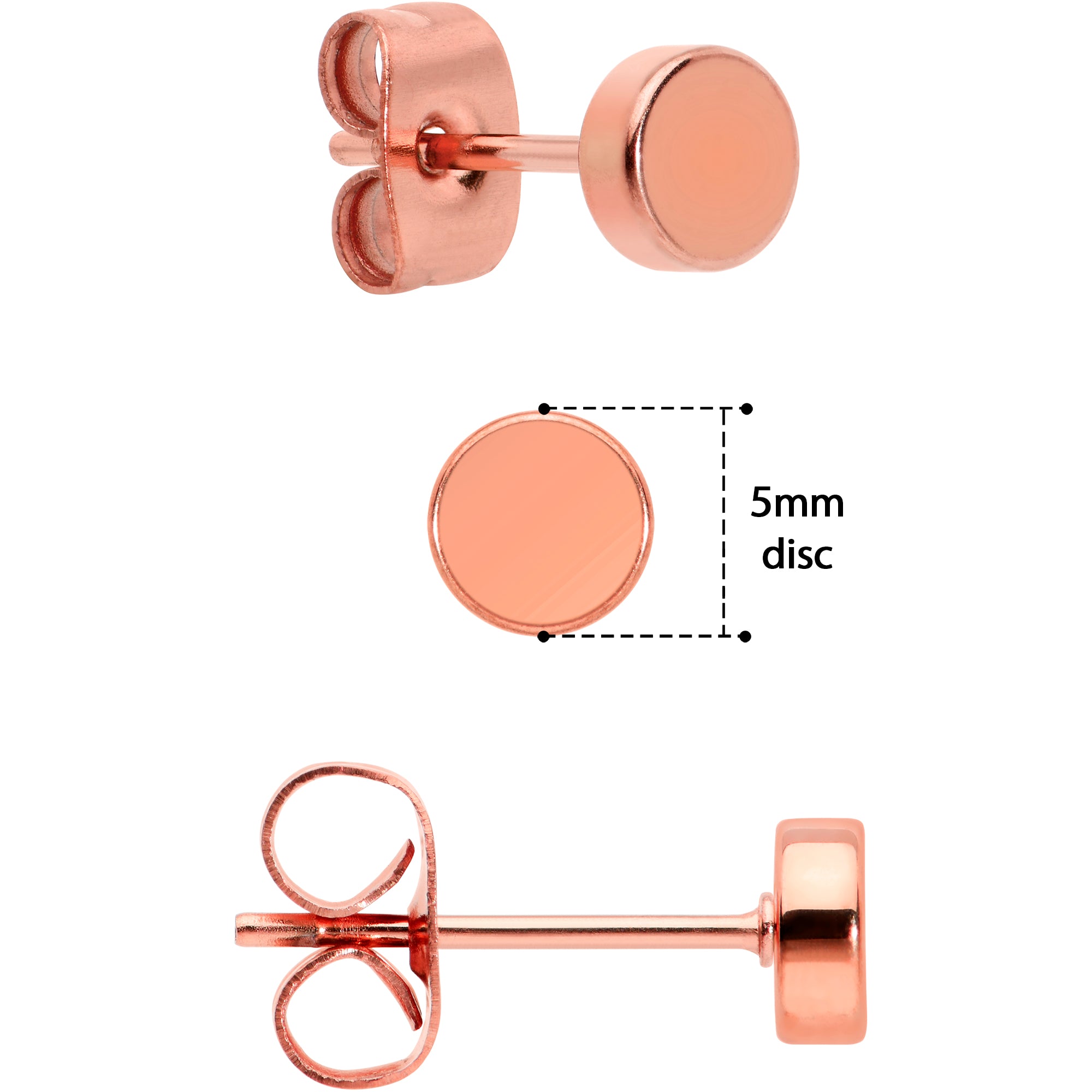 20G Rose Gold PVD Stainless Steel Flat Disc Stud Earrings Set of 6