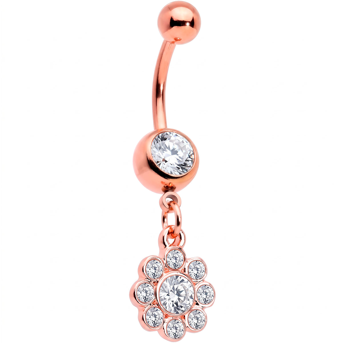 Clear Gem Rose Gold Tone Whimsy Flower Dangle Belly Ring