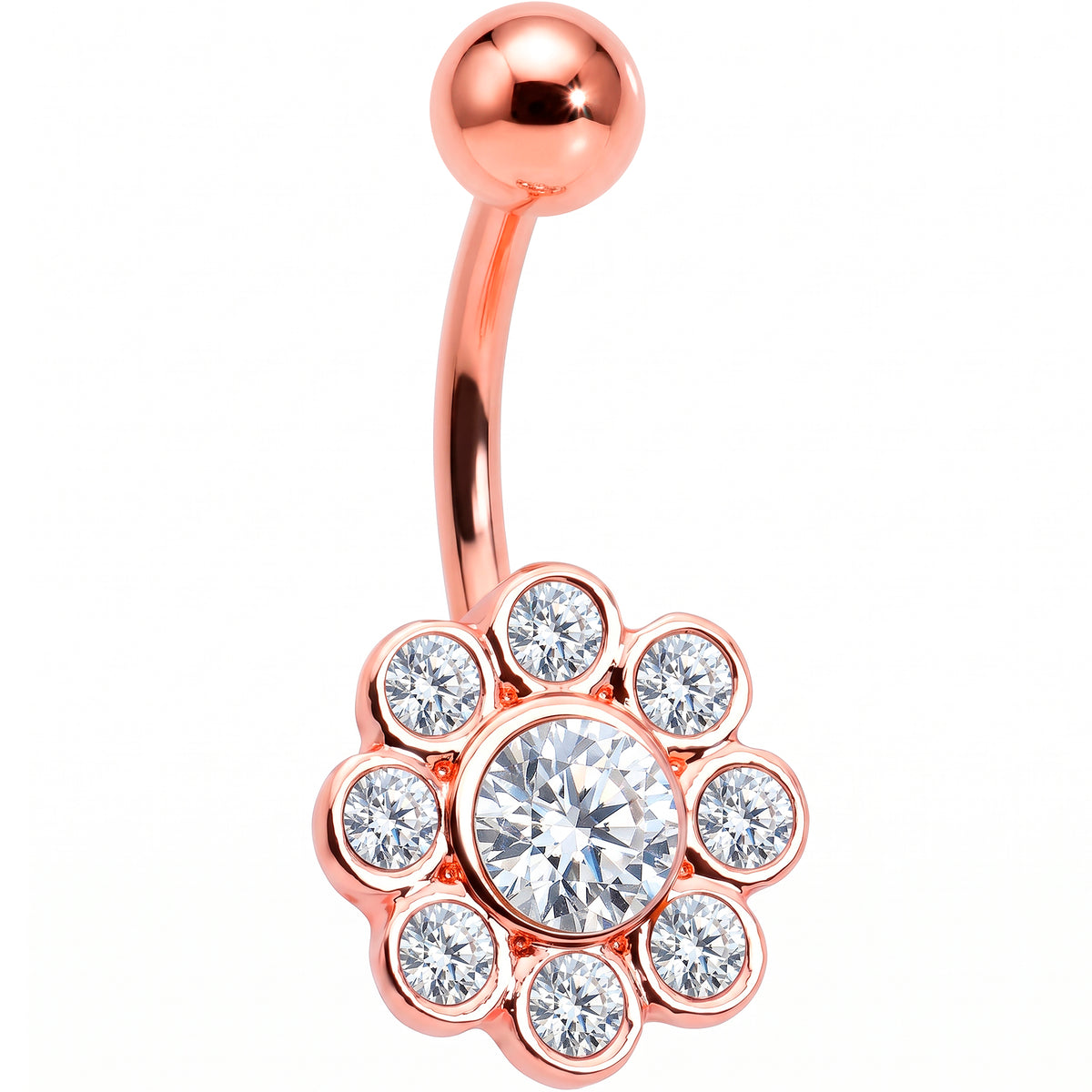 Clear Gem Rose Gold Tone Whimsy Flower Belly Ring