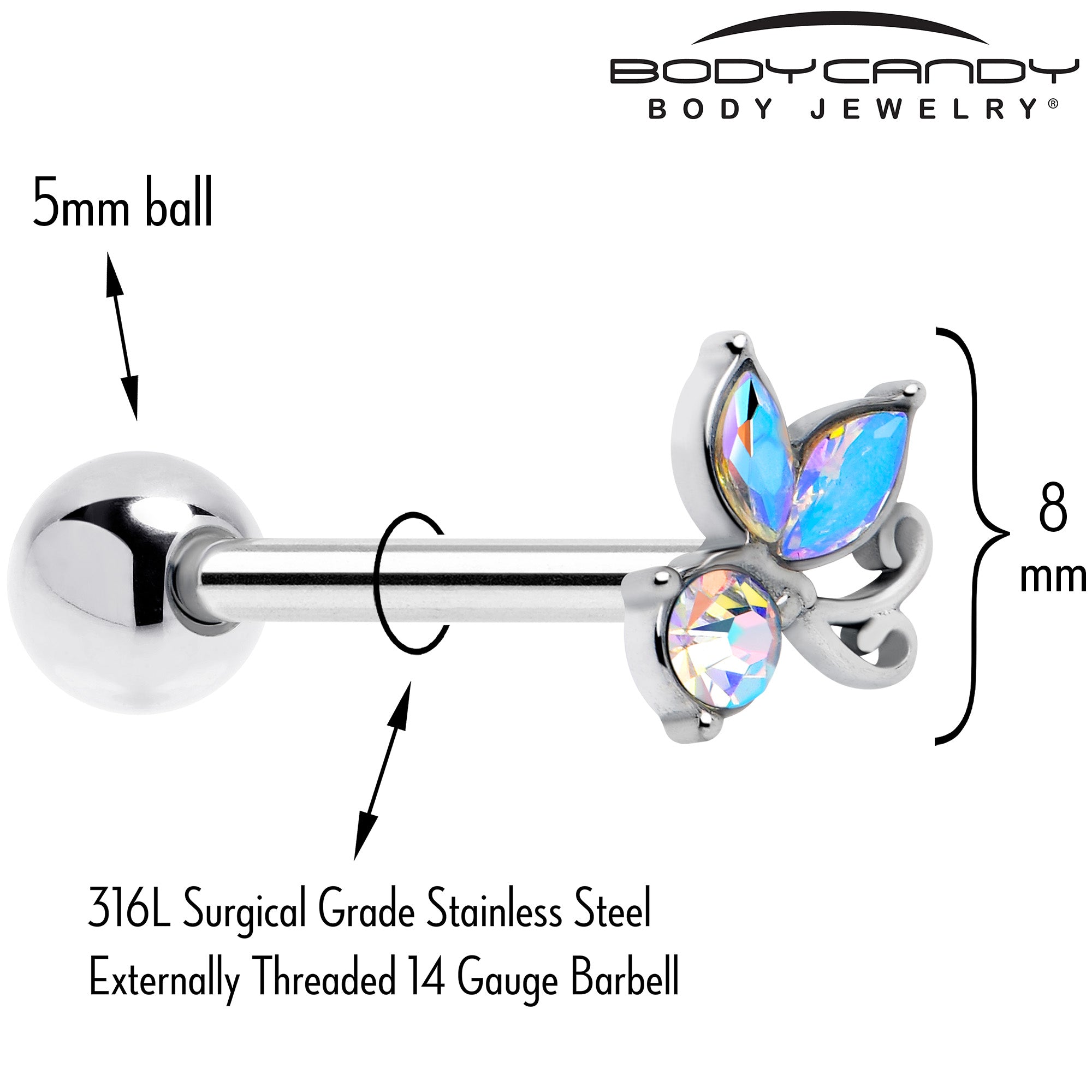 Aurora Gem Fleur de Lis Butterfly Barbell Tongue Ring