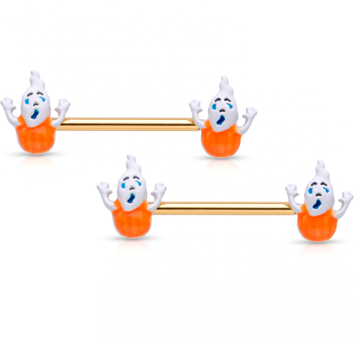14G 9/16 Gold Tone Pumpkin Haunter Ghost Barbell Nipple Ring Set
