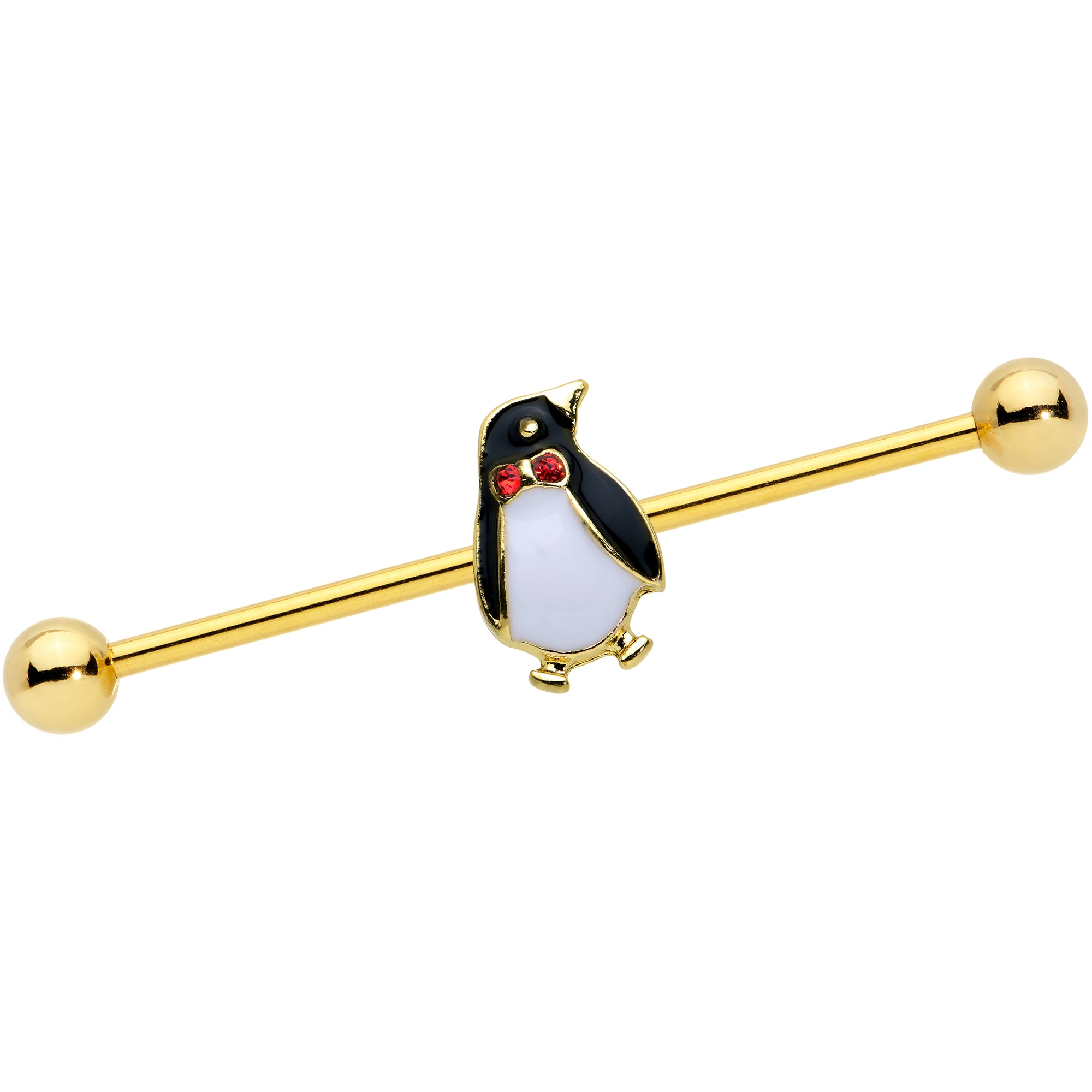 14 Gauge Red Gem Gold Tone Bow Tie Penguin Industrial Barbell 38mm