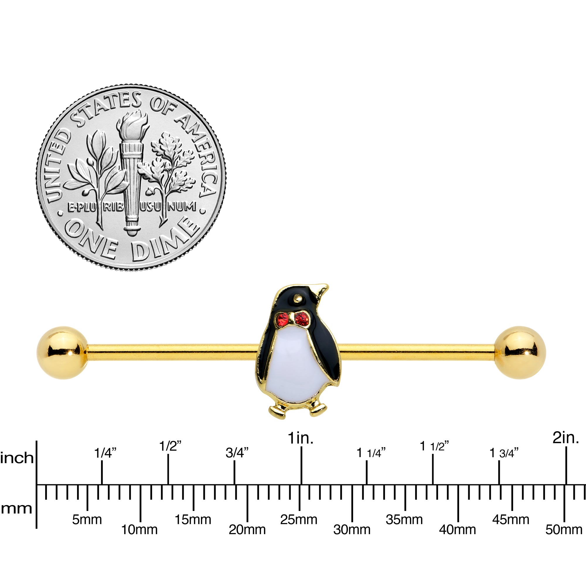 14 Gauge Industrial Barbell with Red Gem Gold Tone Bow Tie Penguin 38mm