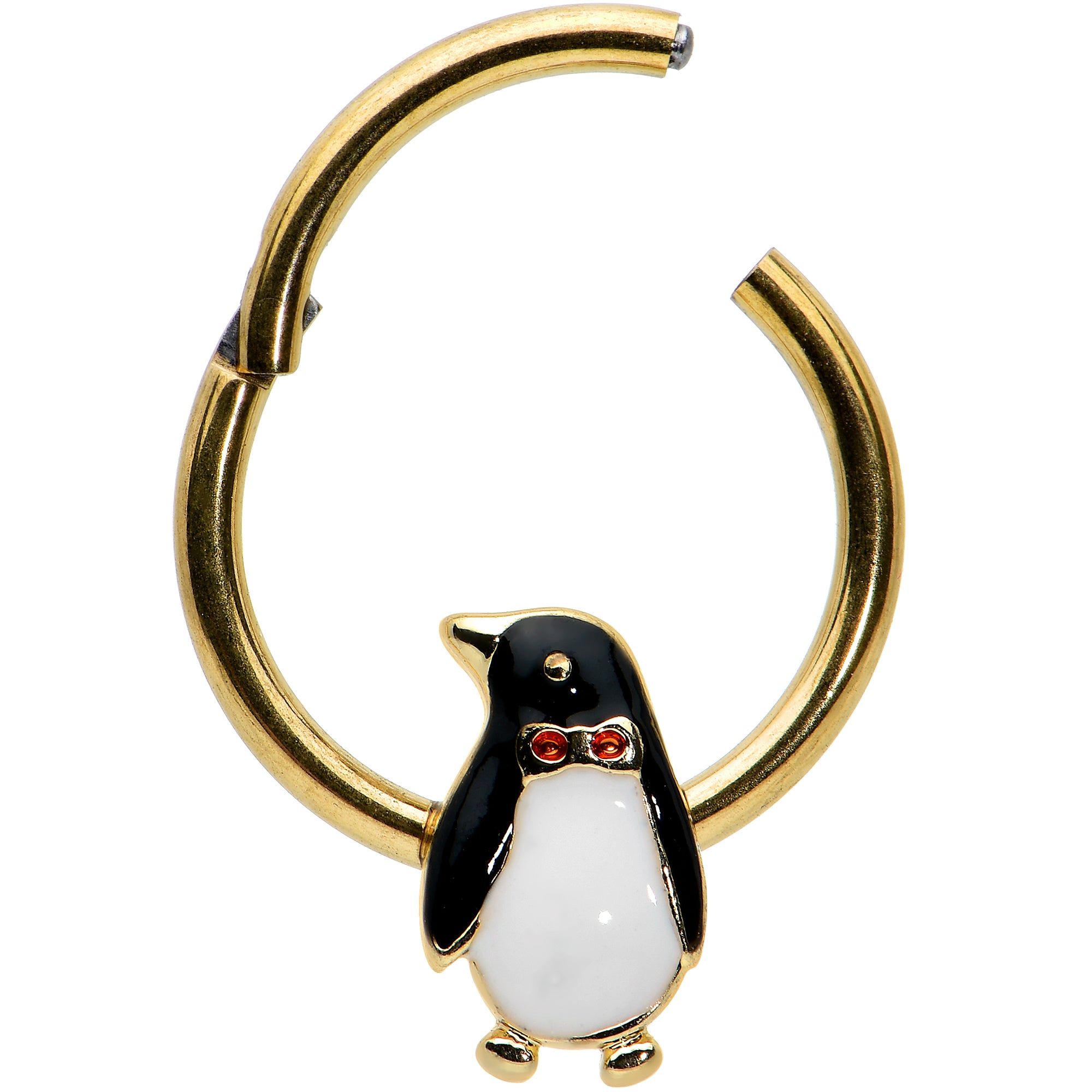 Red Gem Gold Tone Bow Tie Penguin Hinged Segment Ring 16 Gauge 3/8