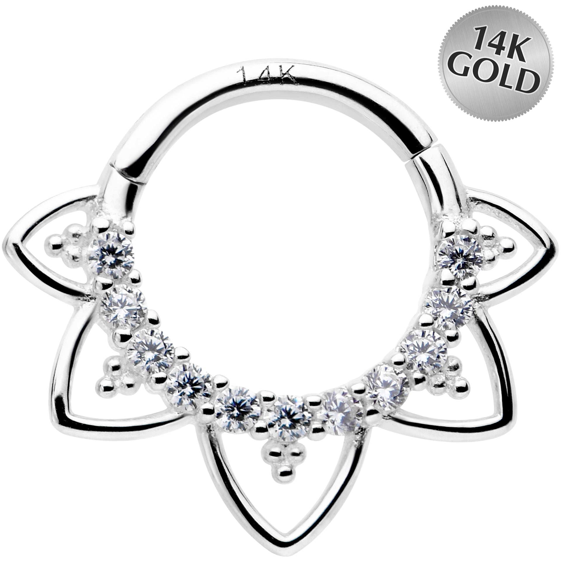 16G 5/16 Clear CZ Gem 14k White Gold Filigree Hinged Segment Ring