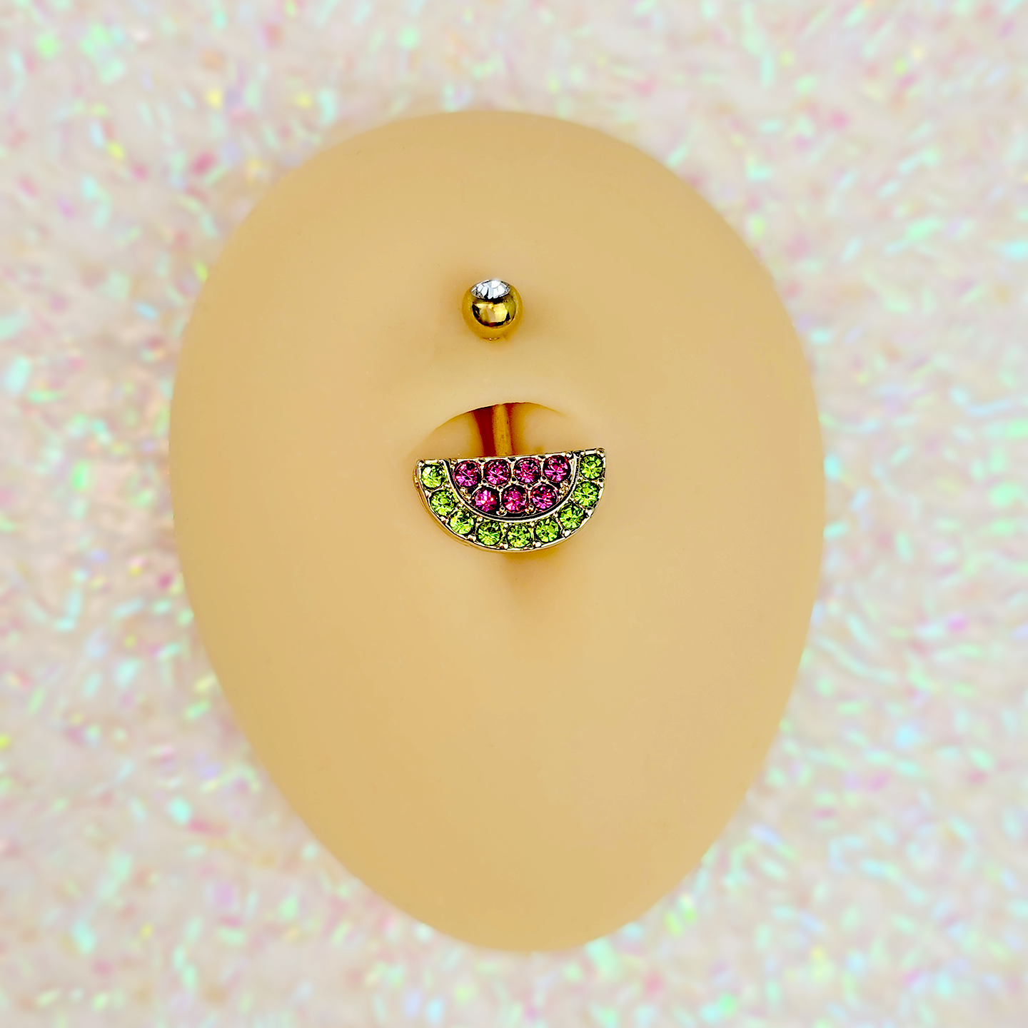 Pink Green Gem Gold Tone Watermelon Yum Belly Ring