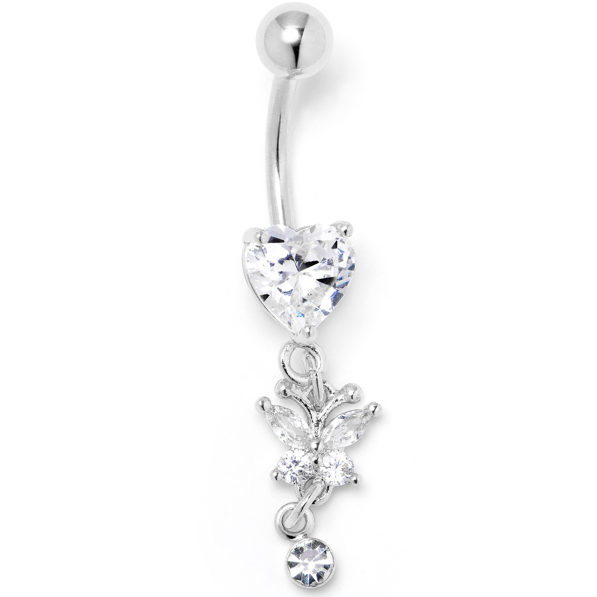 Clear CZ Gem Heart For Butterfly Dangle Belly Ring