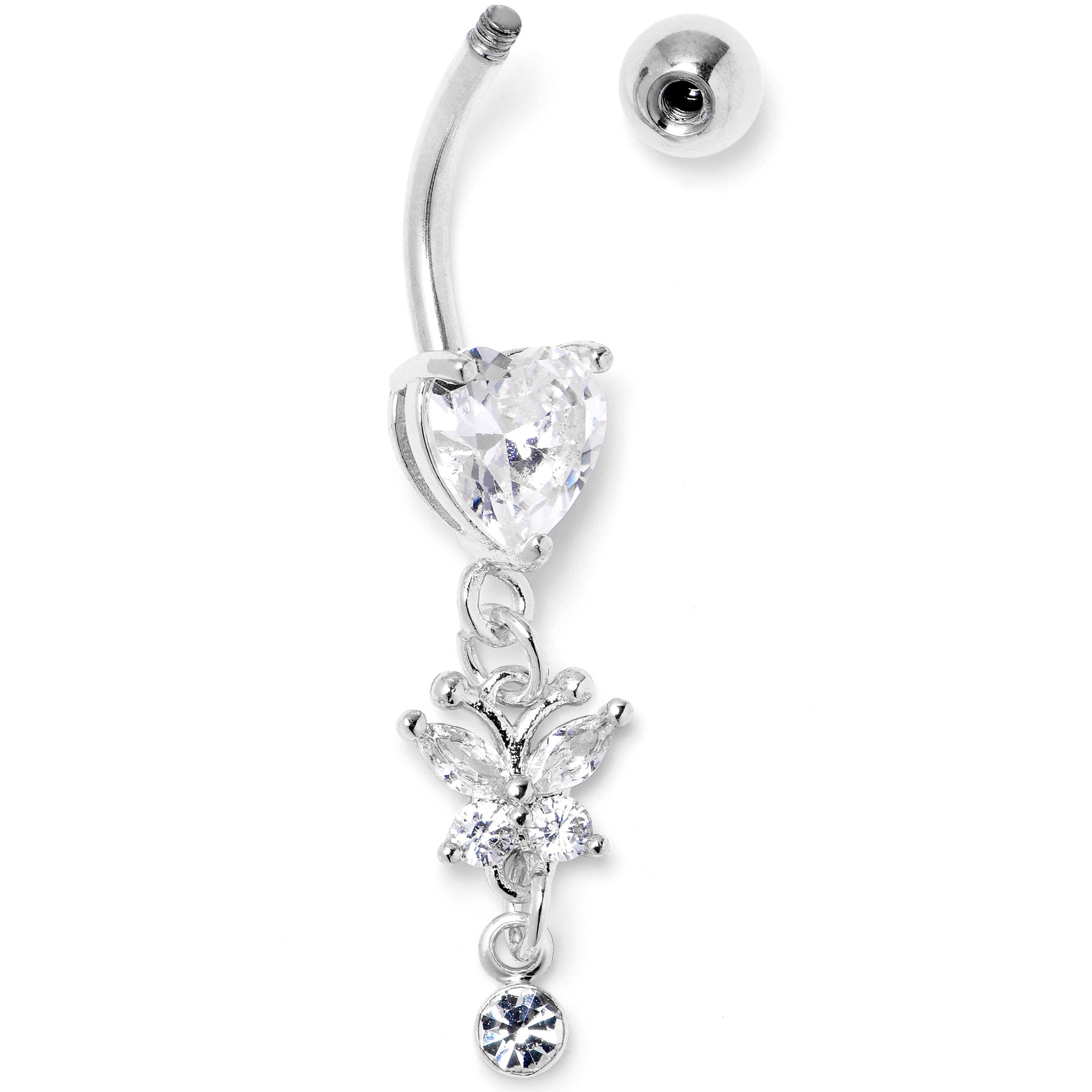 Clear CZ Gem Heart For Butterfly Dangle Belly Ring