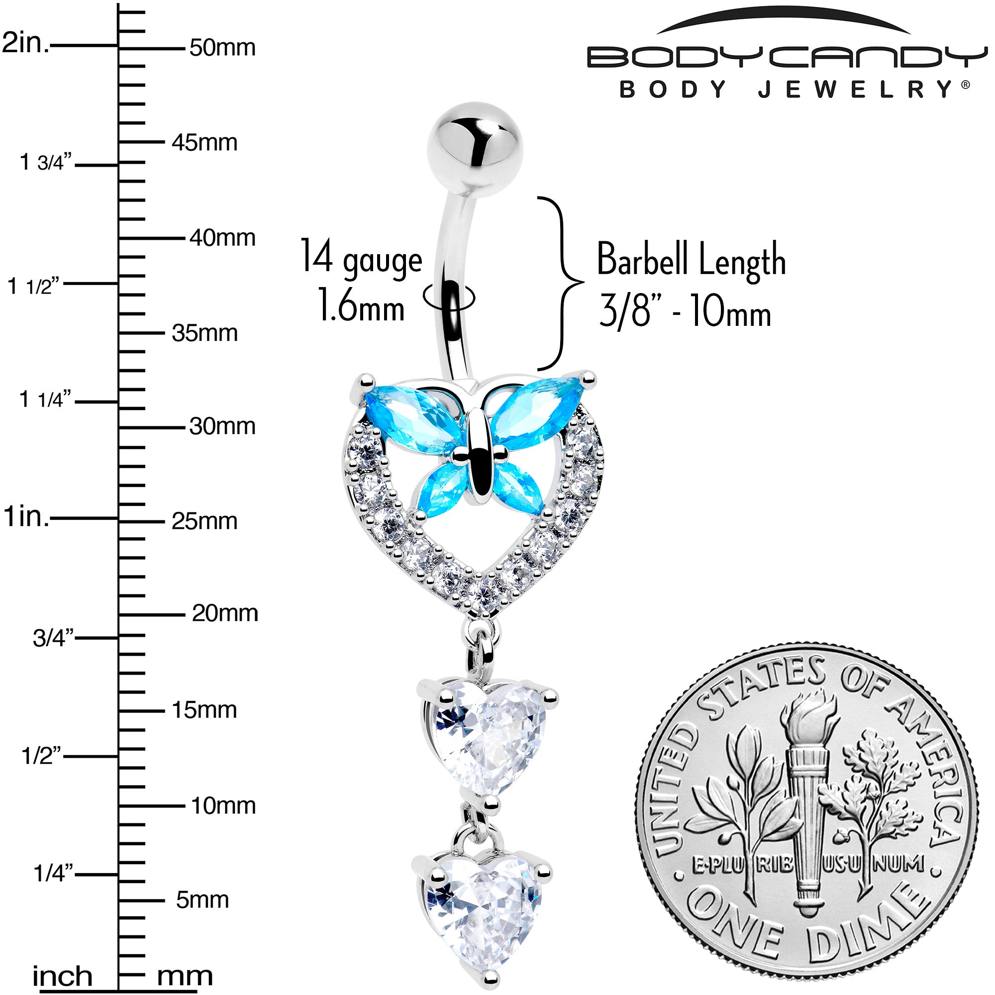 Blue Clear Gem Butterfly Hearts Of Love Dangle Belly Ring