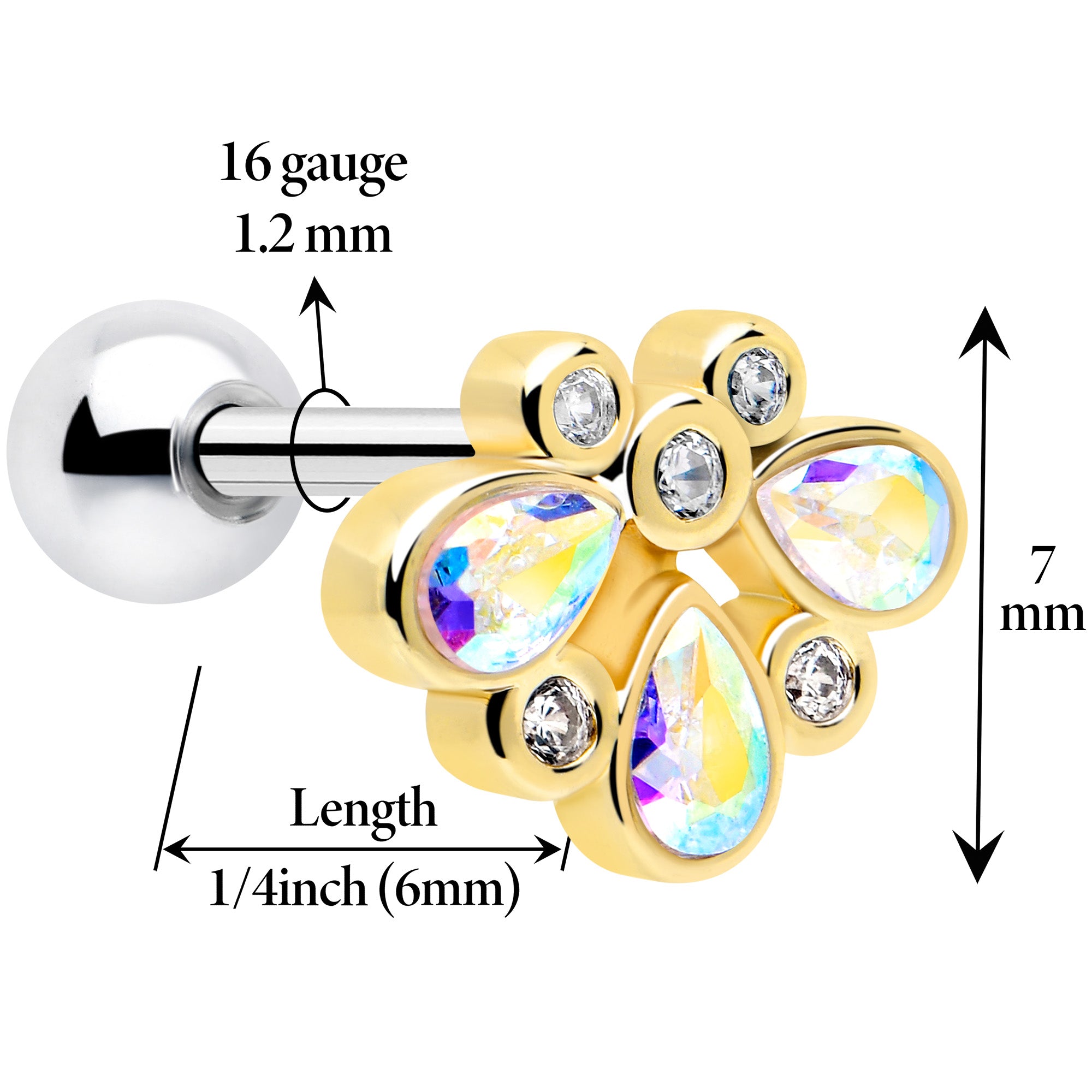 16G 1/4 Aurora Gem Golden Crown Deluxe Cartilage Tragus Earring