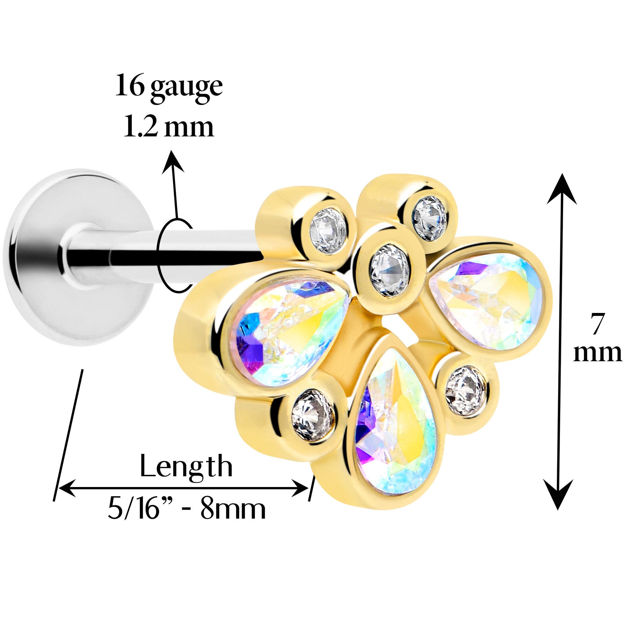 16G 1/4 Aurora Gem Golden Crown Deluxe Labret