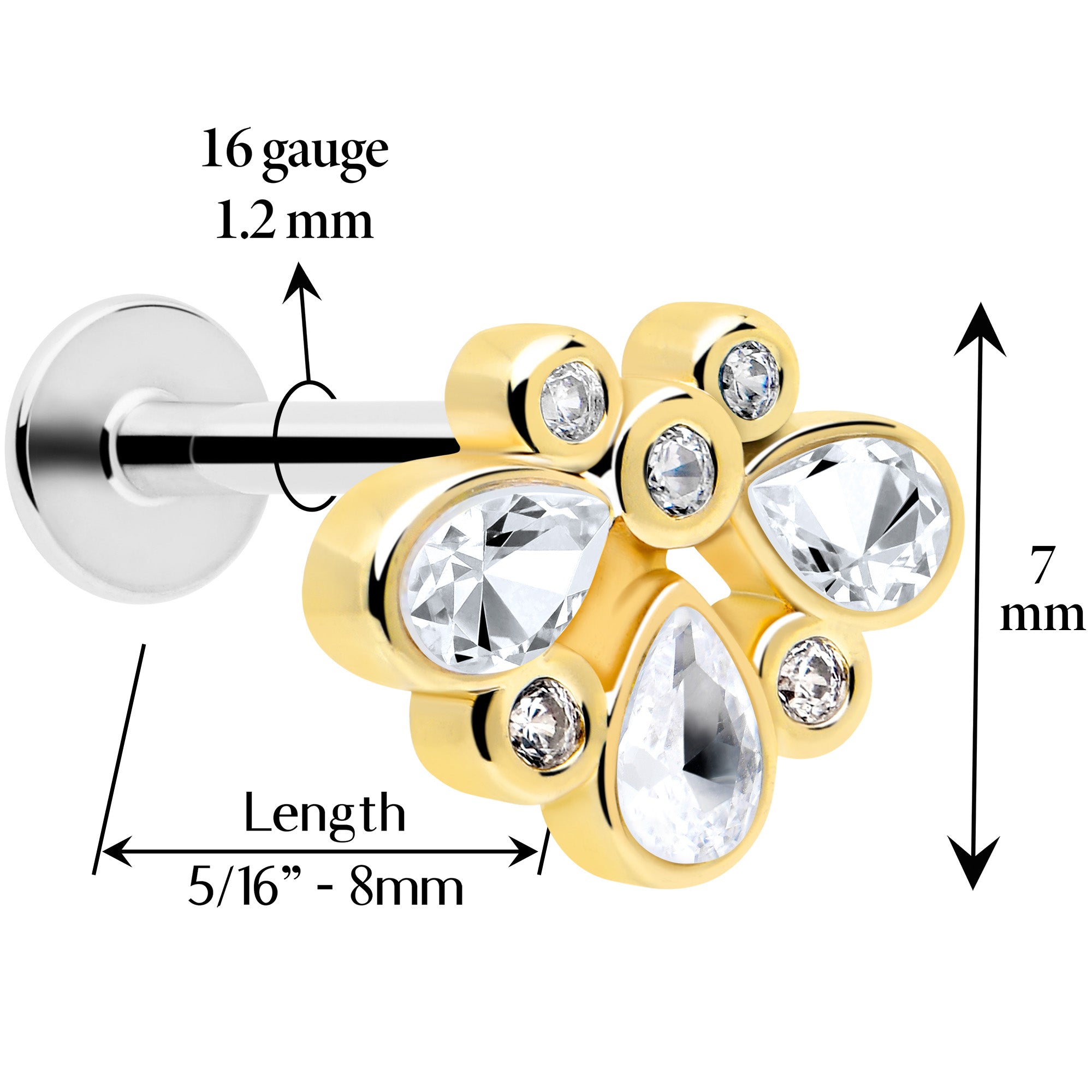16G 1/4 Clear Gem Golden Crown Deluxe Labret