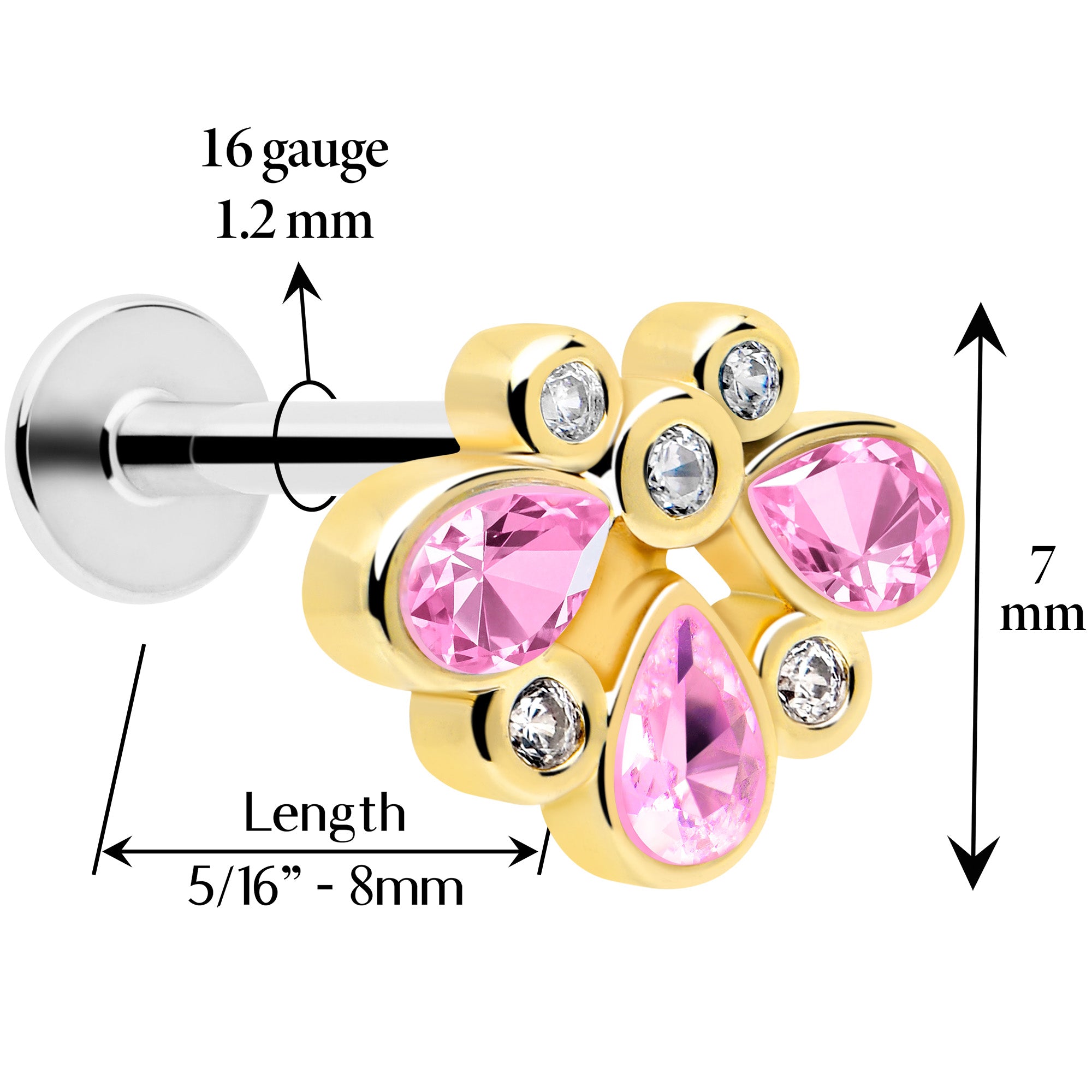 16G 1/4 Pink Gem Golden Crown Deluxe Labret