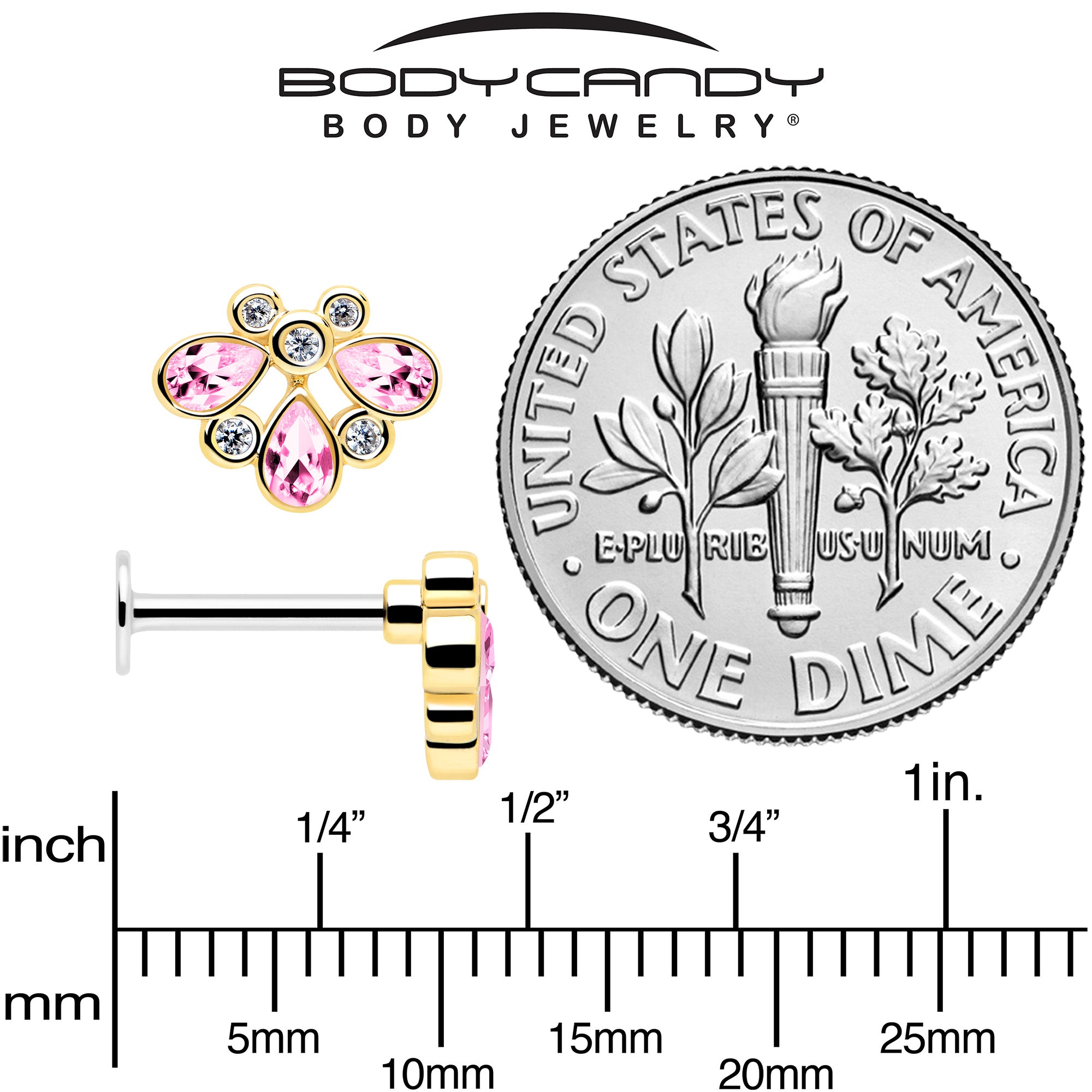 16G 1/4 Pink Gem Golden Crown Deluxe Labret