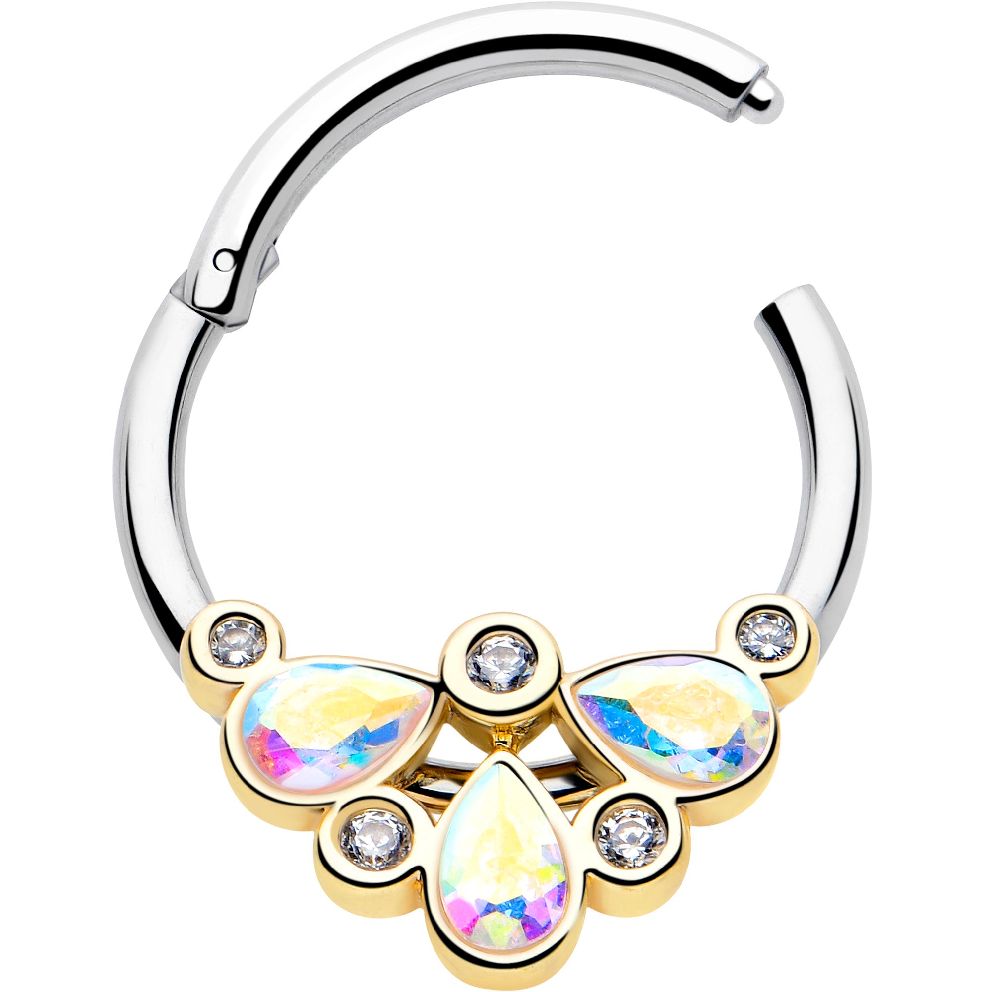 16G 3/8 Aurora Gem Golden Crown Deluxe Hinged Segment Ring