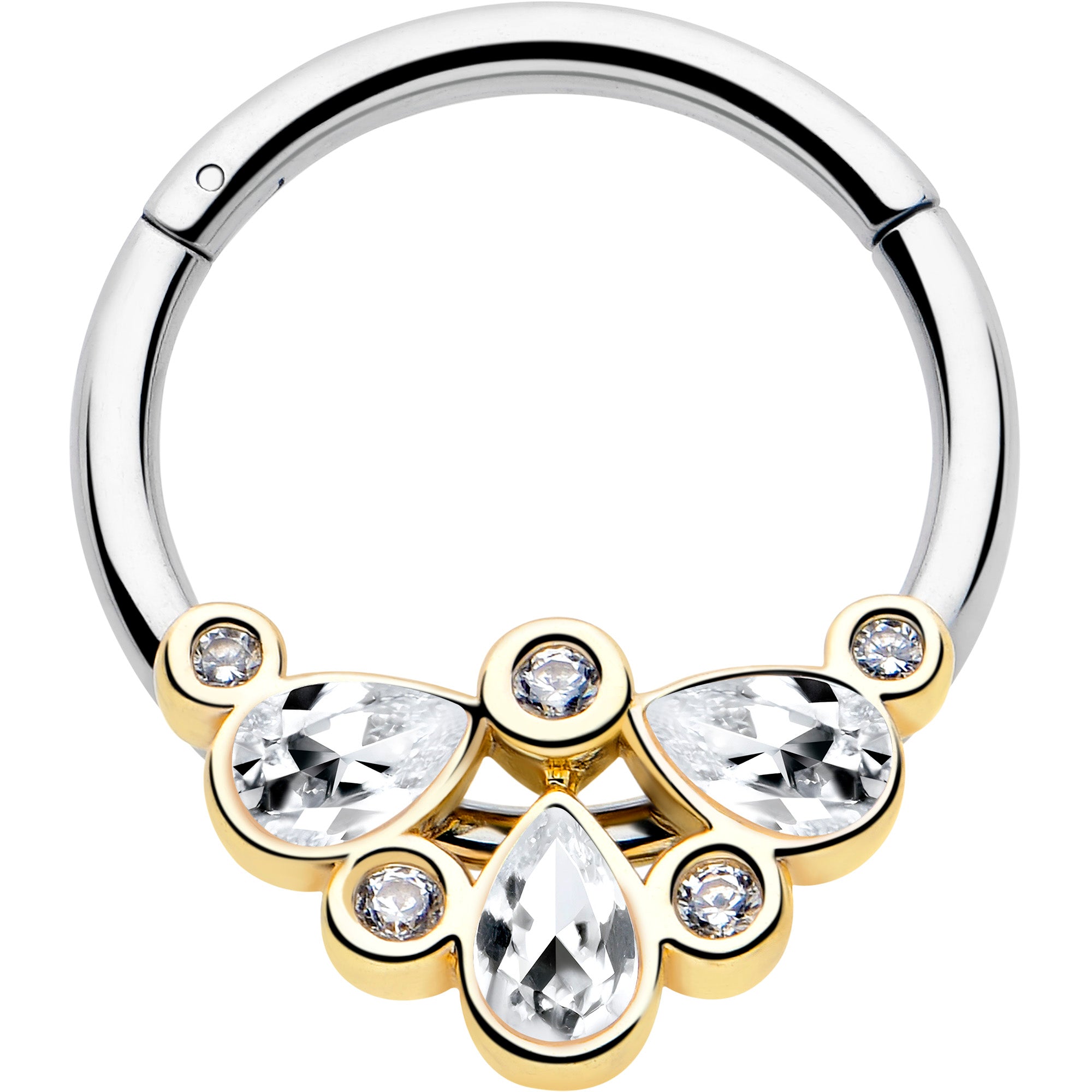 16G 3/8 Clear Gem Golden Crown Deluxe Hinged Segment Ring