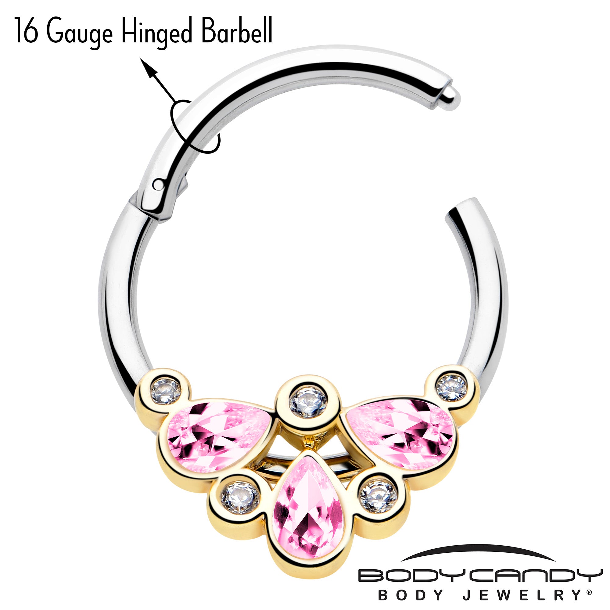 16G 3/8 Pink Gem Golden Crown Deluxe Hinged Segment Ring