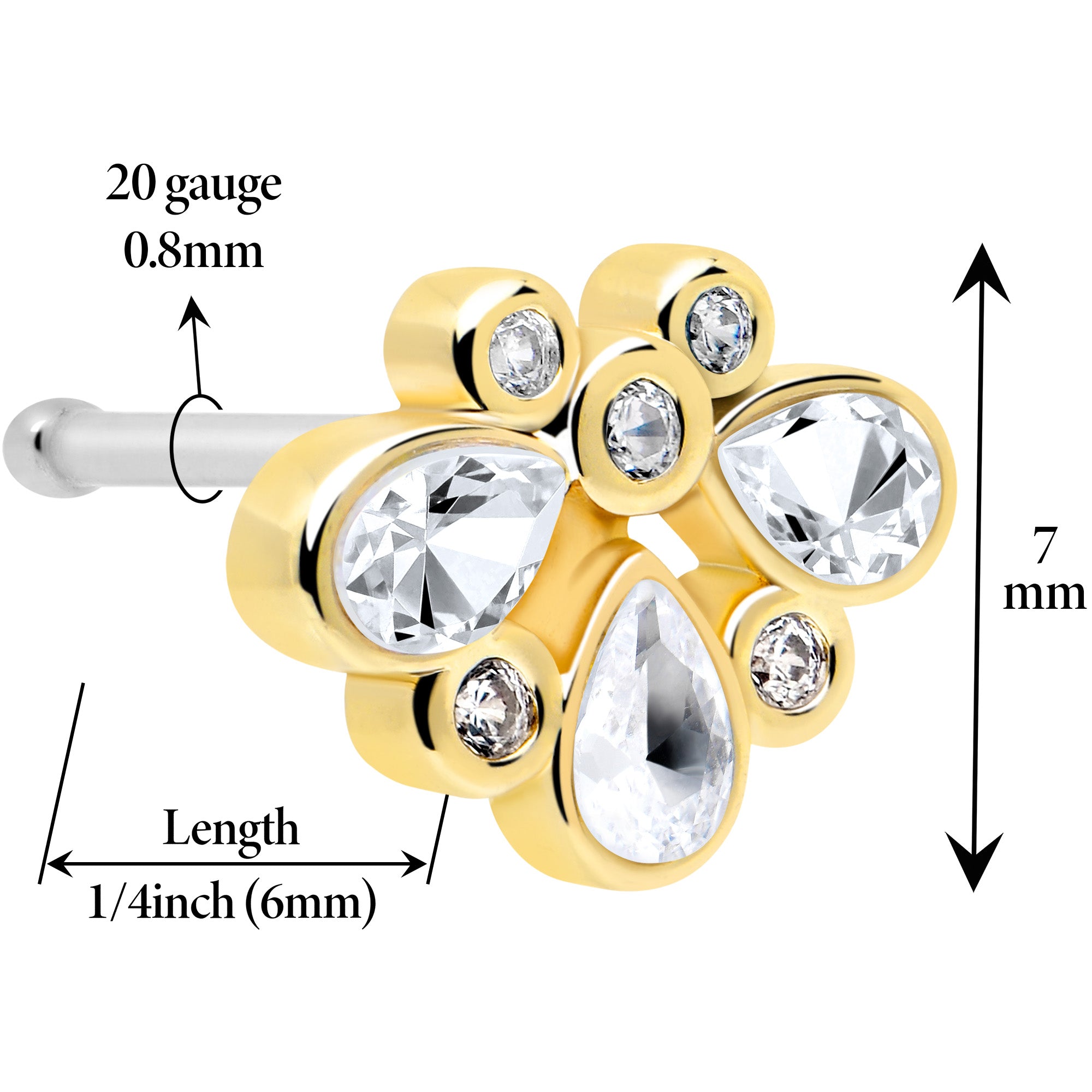 20G 1/4 Clear Gem Golden Crown Deluxe Nose Bone