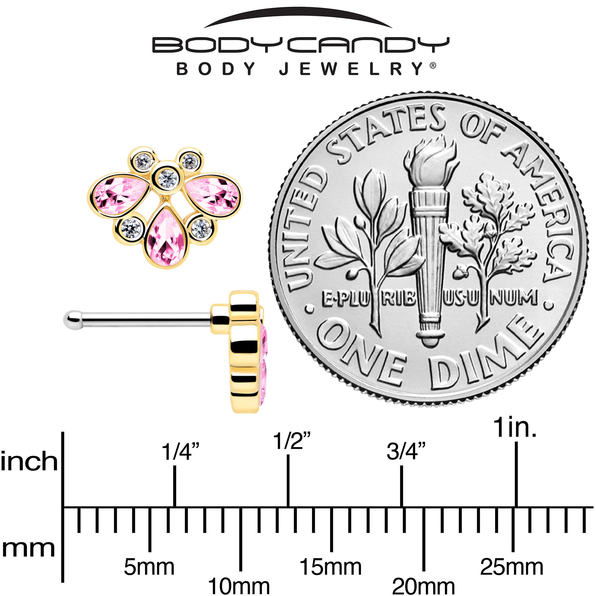 20G 1/4 Pink Gem Golden Crown Deluxe Nose Bone