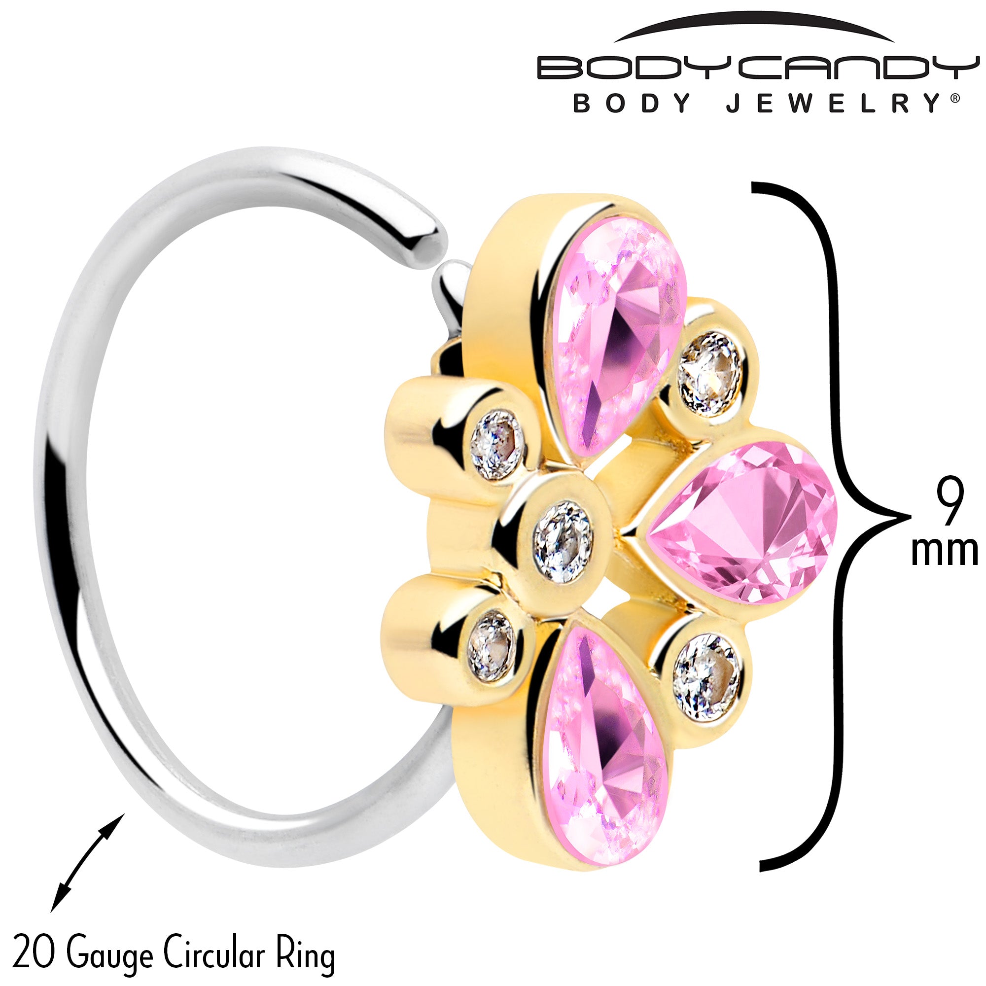 20G 5/16 Pink Gem Golden Crown Deluxe Nose Hoop