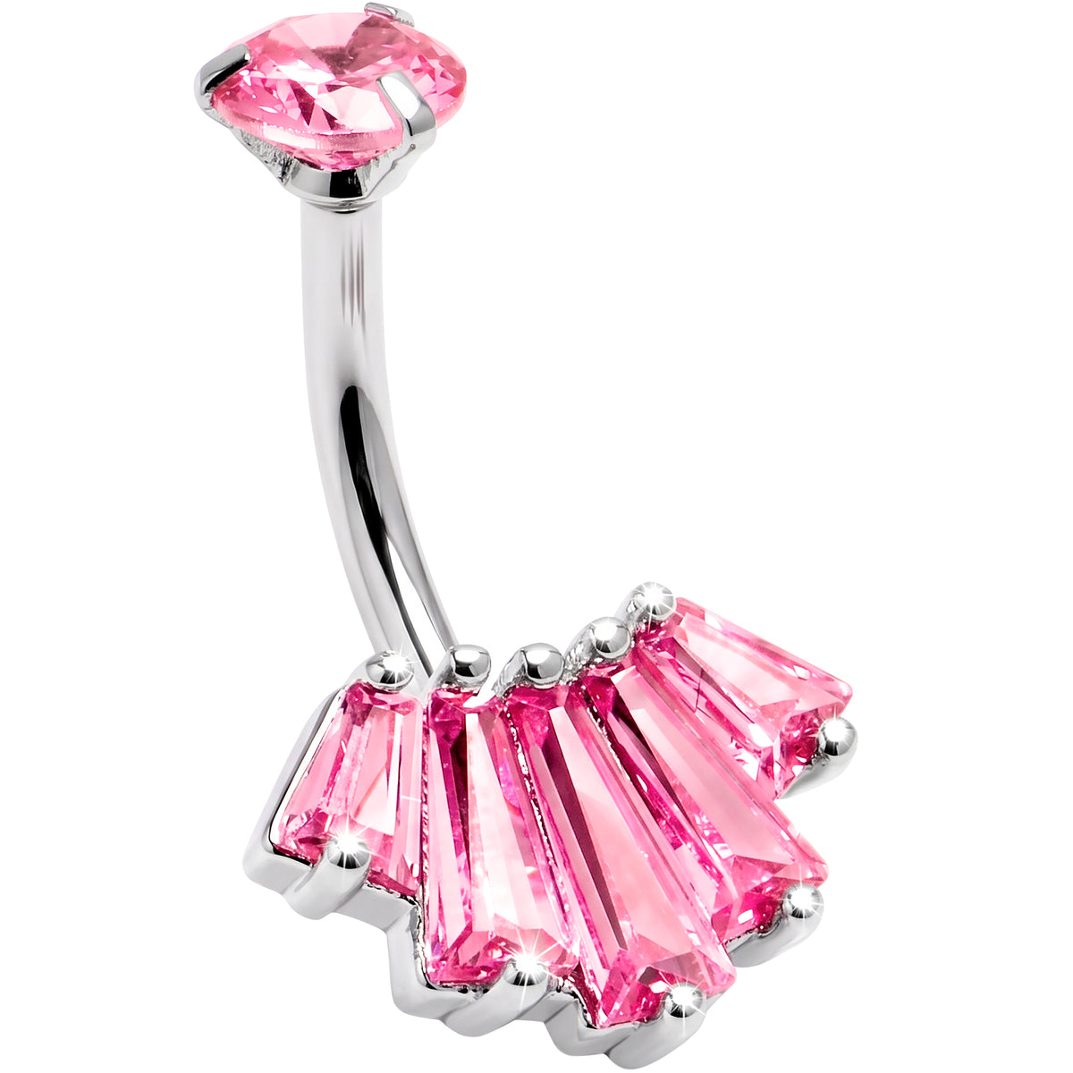 Pink CZ Gem Regal Rectangles Internally Threaded Double Mount Belly Ring