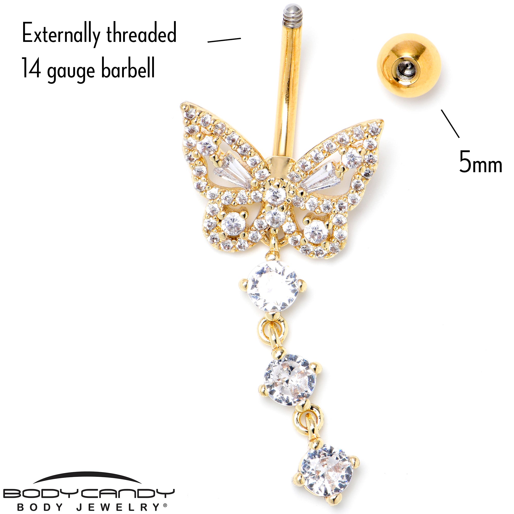 Clear CZ Gem Gold Tone Dramatic Butterfly Dangle Belly Ring