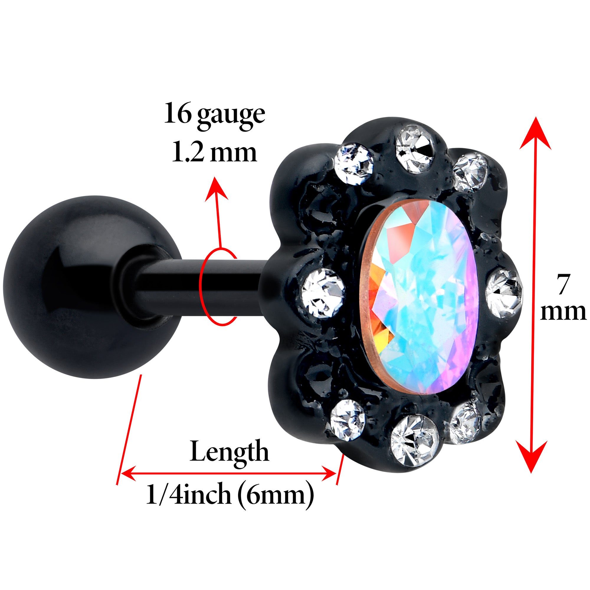 16G 1/4 Aurora Gem Black Filigree Fantasy Cartilage Tragus Earring