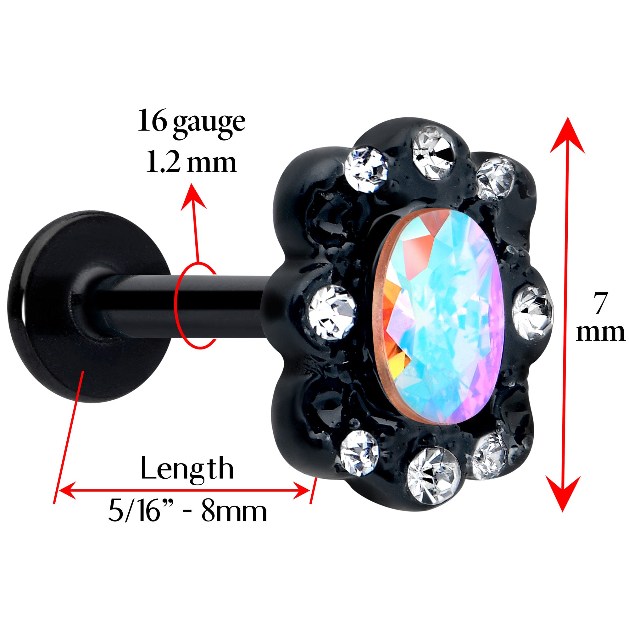 16G 5/16 Aurora Gem Black Filigree Fantasy Labret Monroe Tragus