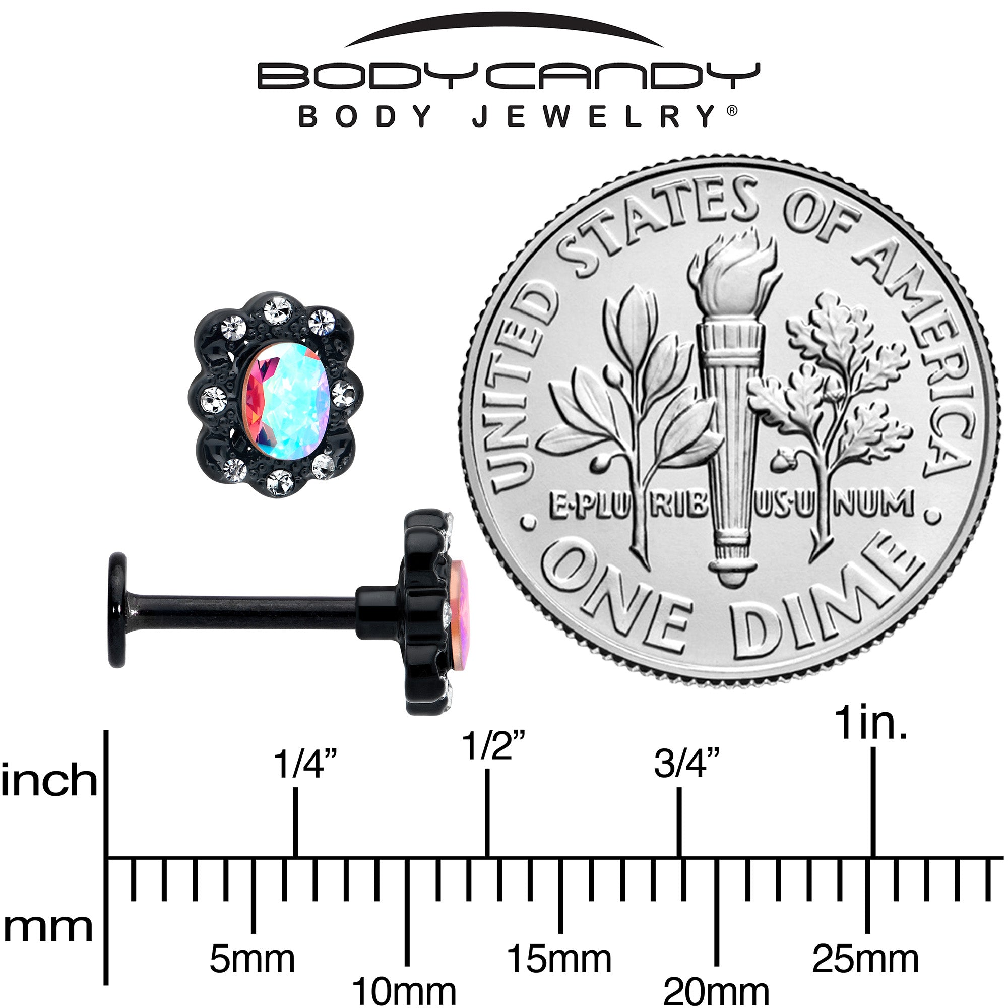 16G 5/16 Aurora Gem Black Filigree Fantasy Labret Monroe Tragus