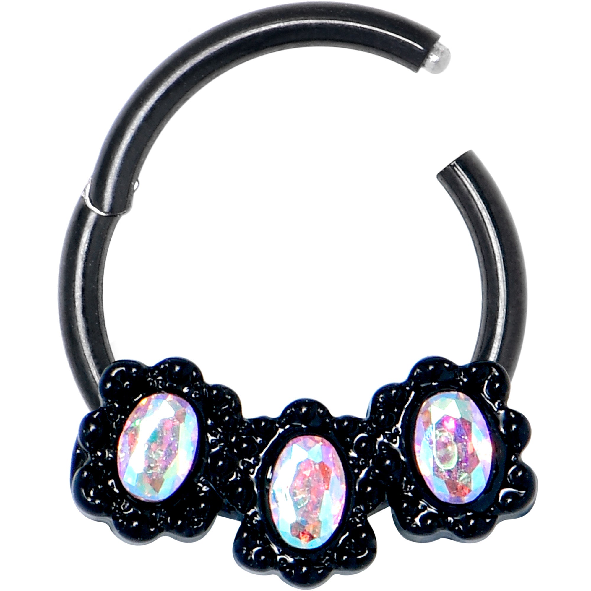 16G 3/8 Aurora Gem Black Magical Ovals Hinged Segment Ring