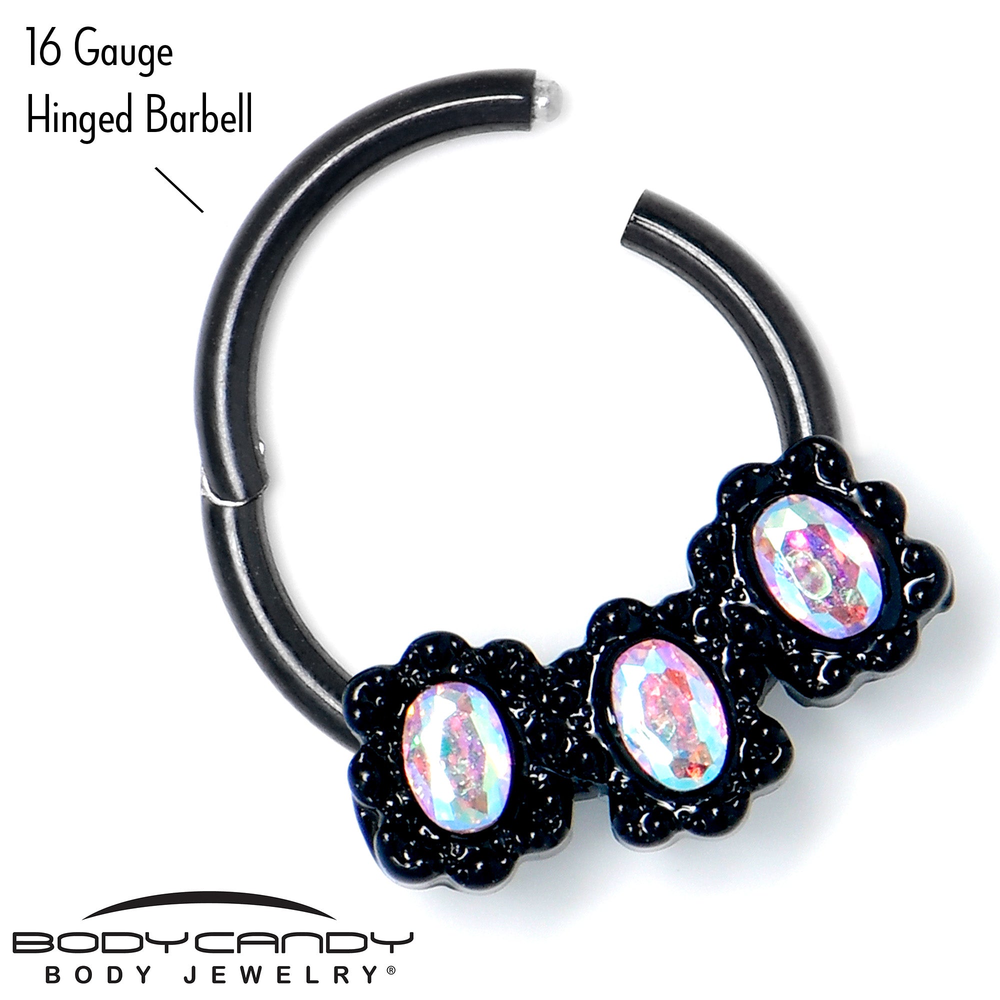 16G 3/8 Aurora Gem Black Magical Ovals Hinged Segment Ring