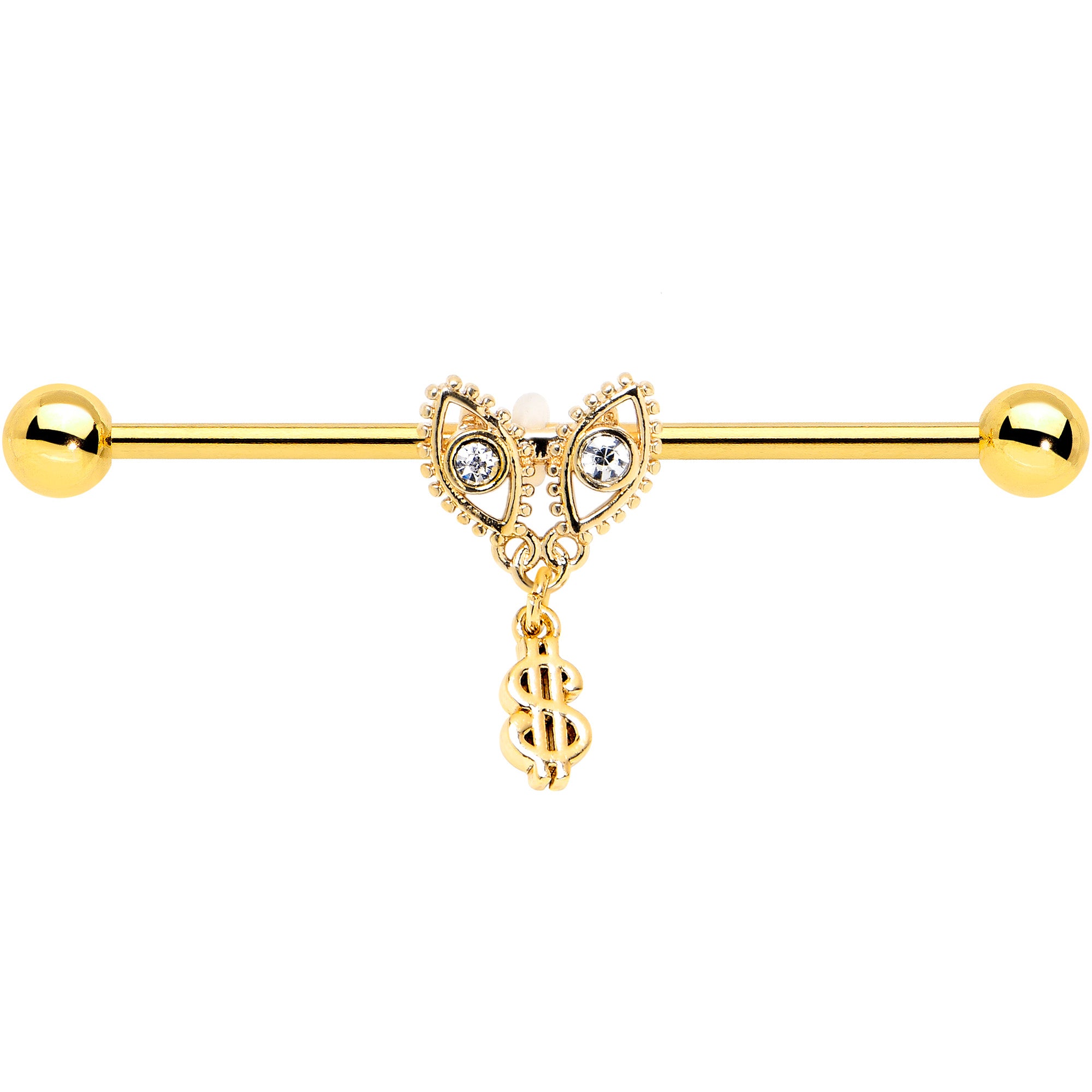 14G Clear Gem Gold Hue Seeing Money Dangle Industrial Barbell 38mm