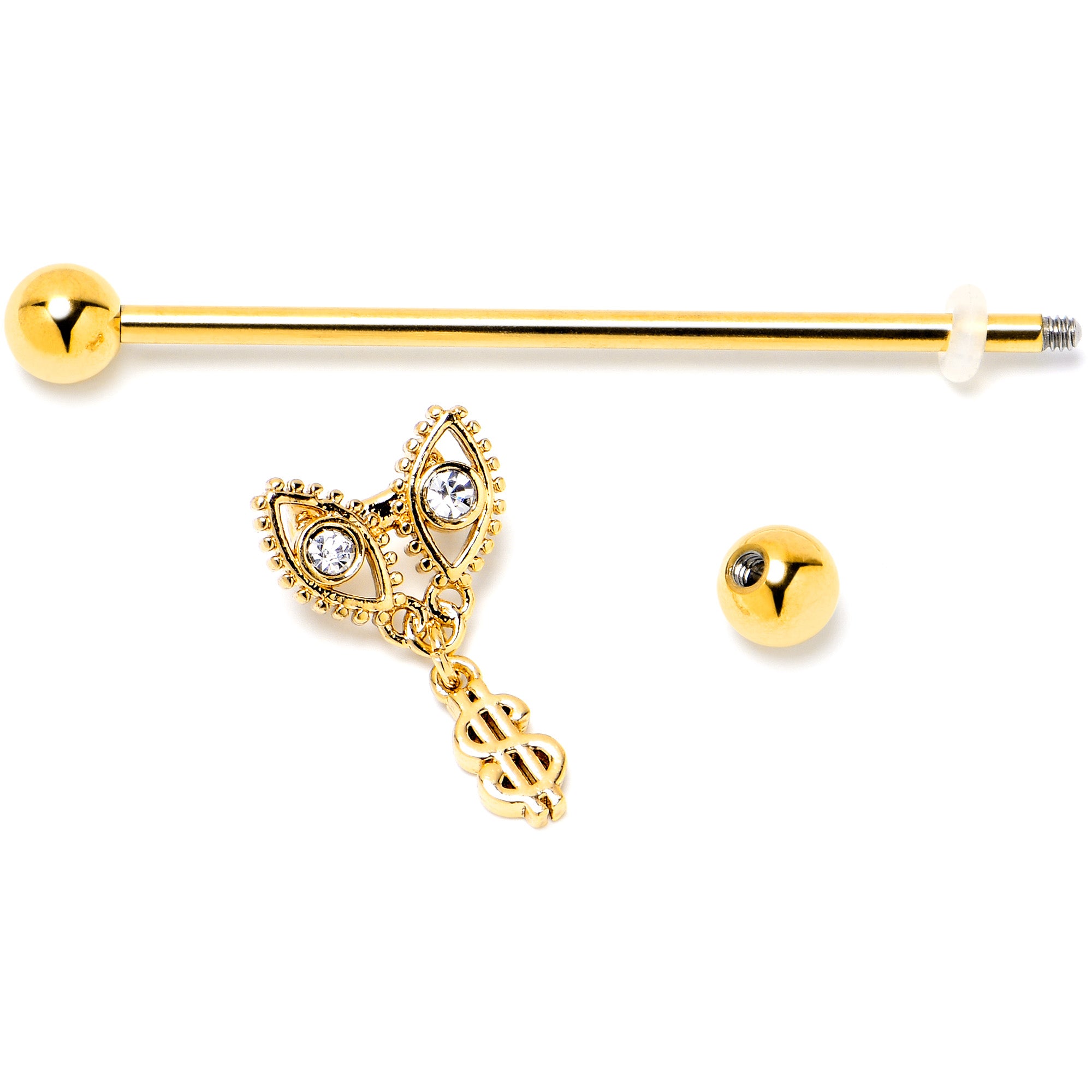 14G Clear Gem Gold Hue Seeing Money Dangle Industrial Barbell 38mm