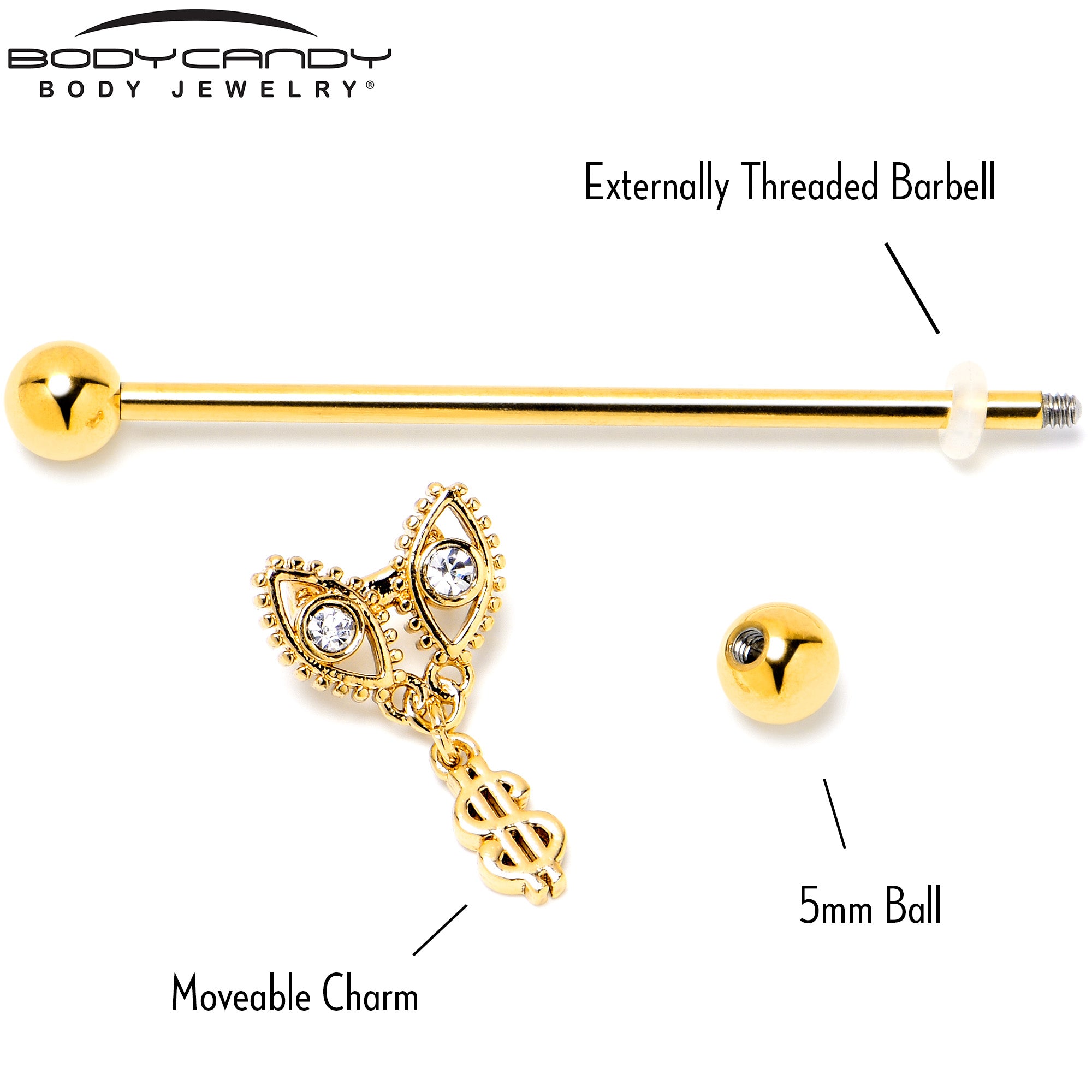 14G Clear Gem Gold Hue Seeing Money Dangle Industrial Barbell 38mm