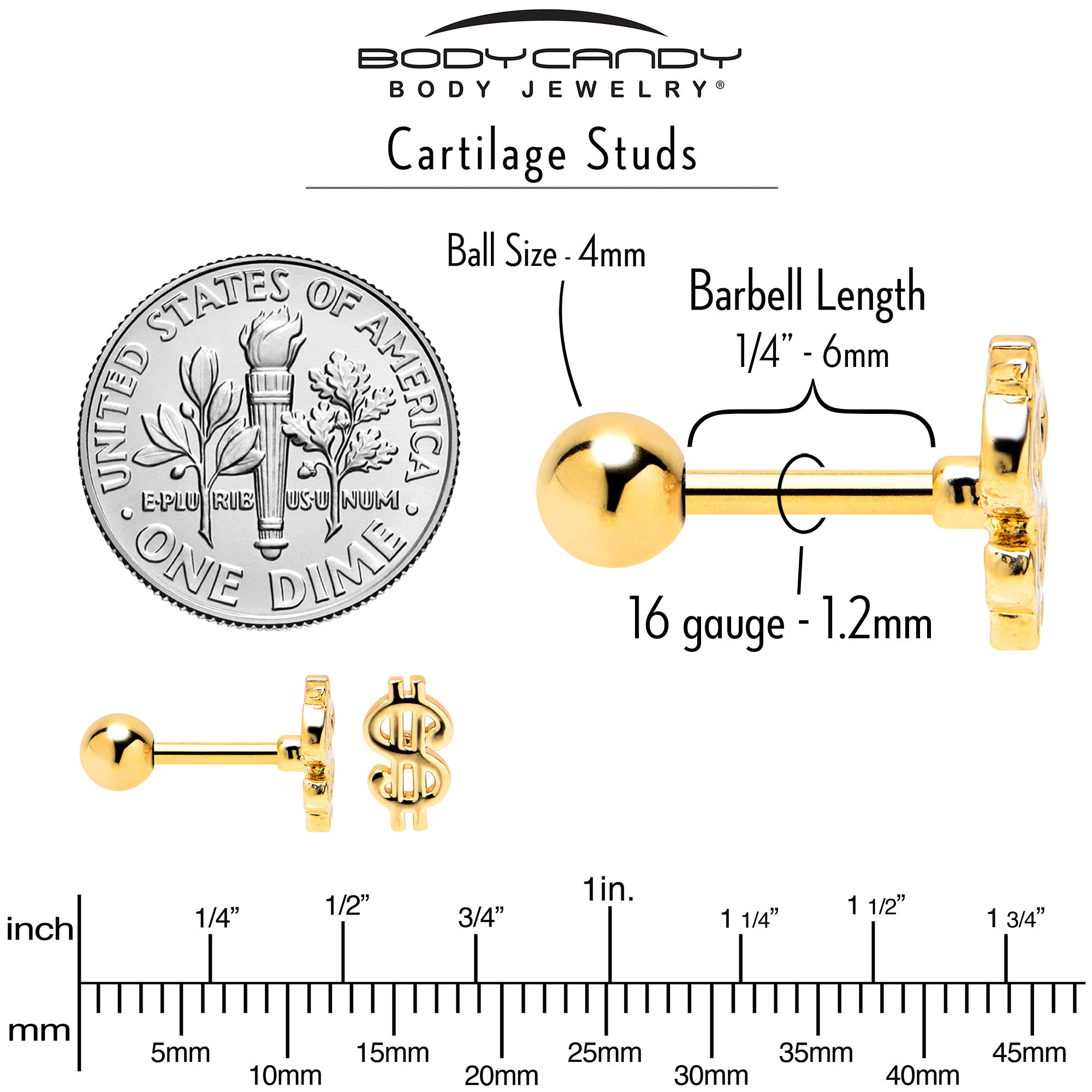 16 Gauge 1/4 Gold Tone Dollar Sign Cartilage Tragus Earring