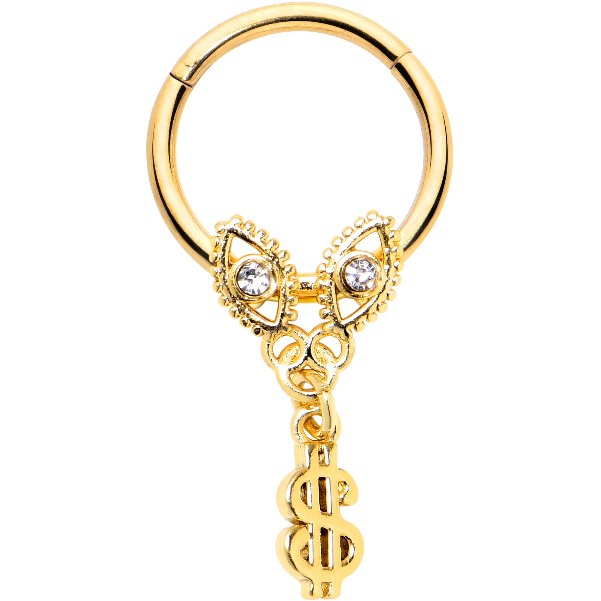 16G 3/8 Clear Gem Gold Hue Seeing Money Dangle Hinged Segment Ring