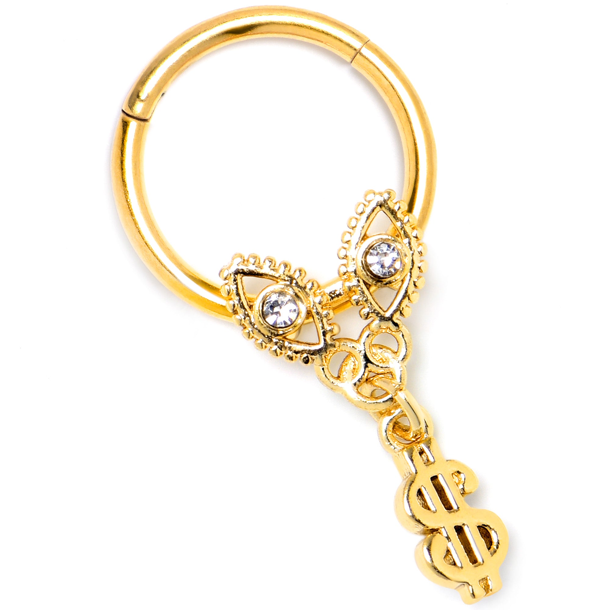 16G 3/8 Clear Gem Gold Hue Seeing Money Dangle Hinged Segment Ring