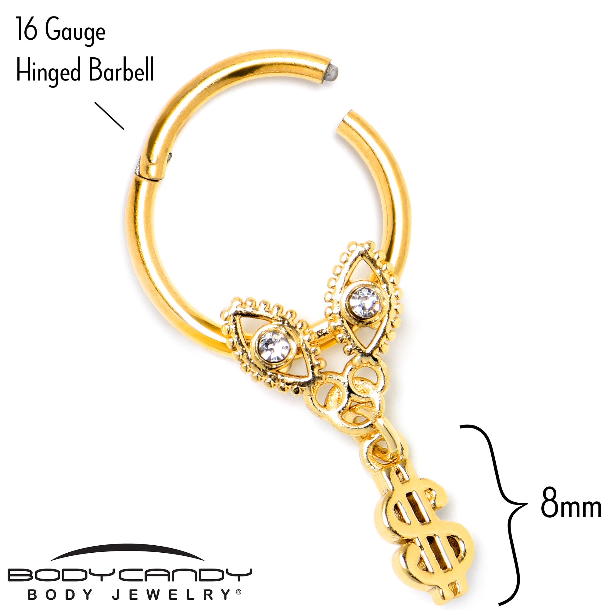 16G 3/8 Clear Gem Gold Hue Seeing Money Dangle Hinged Segment Ring