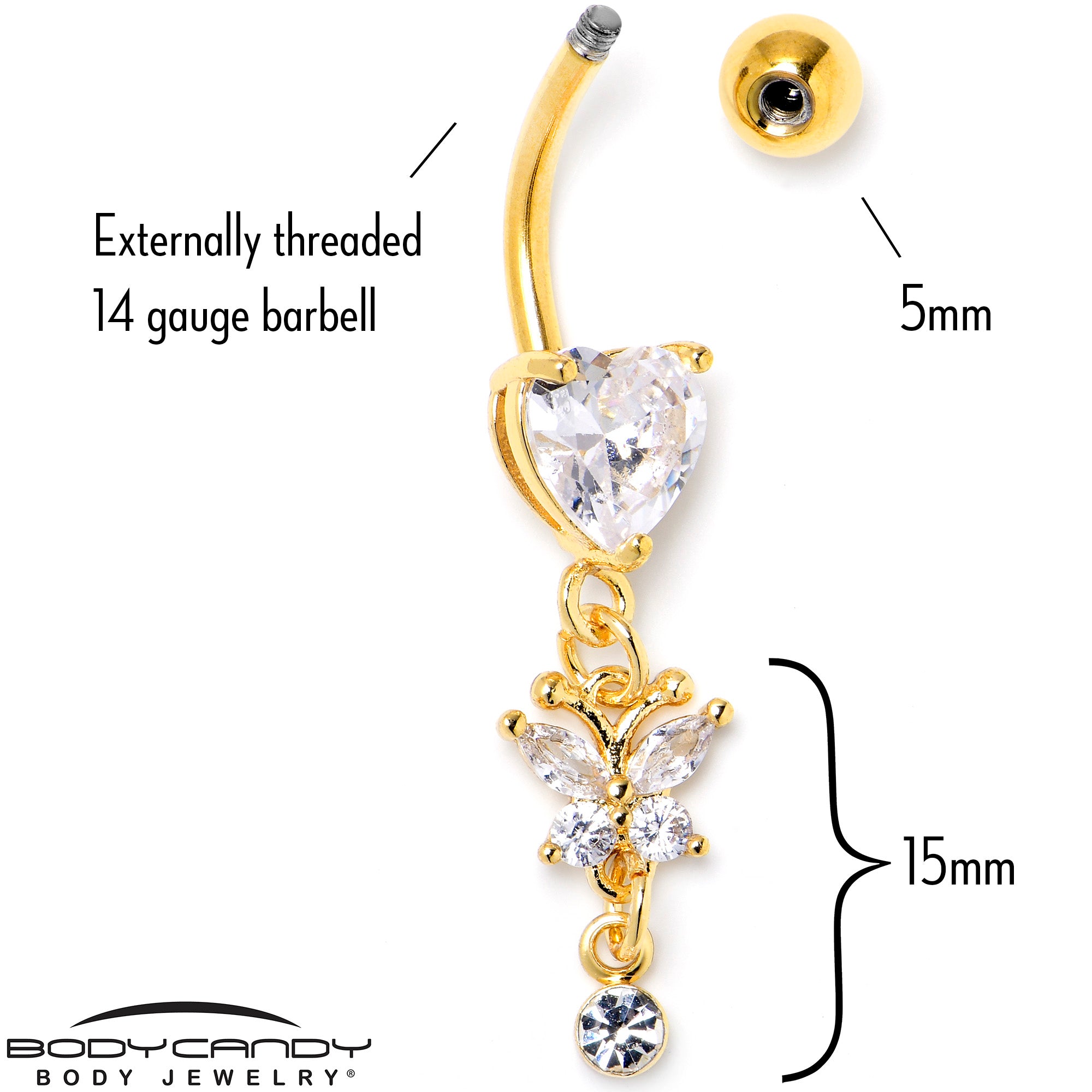 Clear CZ Gem Gold Tone Heart For Butterfly Dangle Belly Ring
