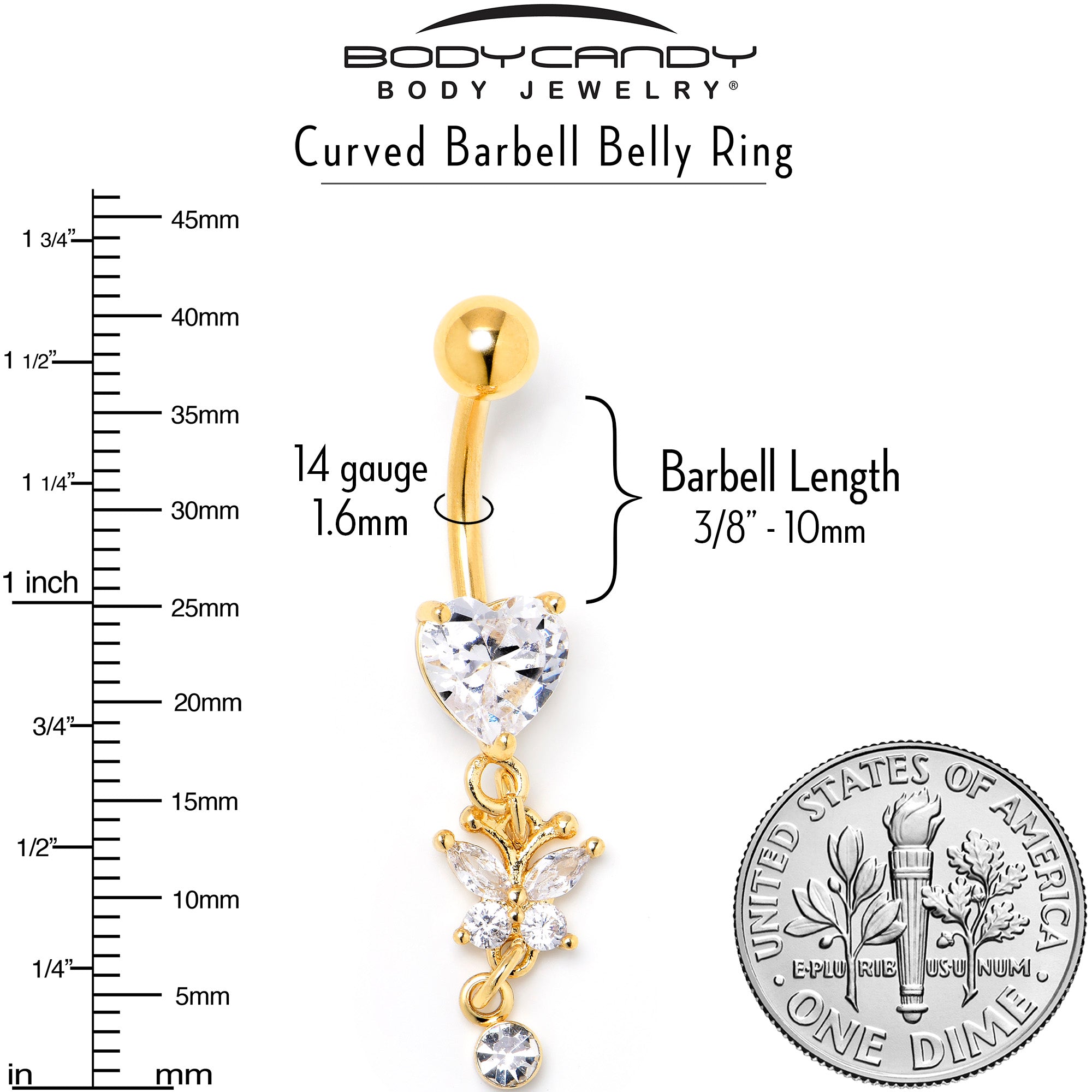 Clear CZ Gem Gold Tone Heart For Butterfly Dangle Belly Ring