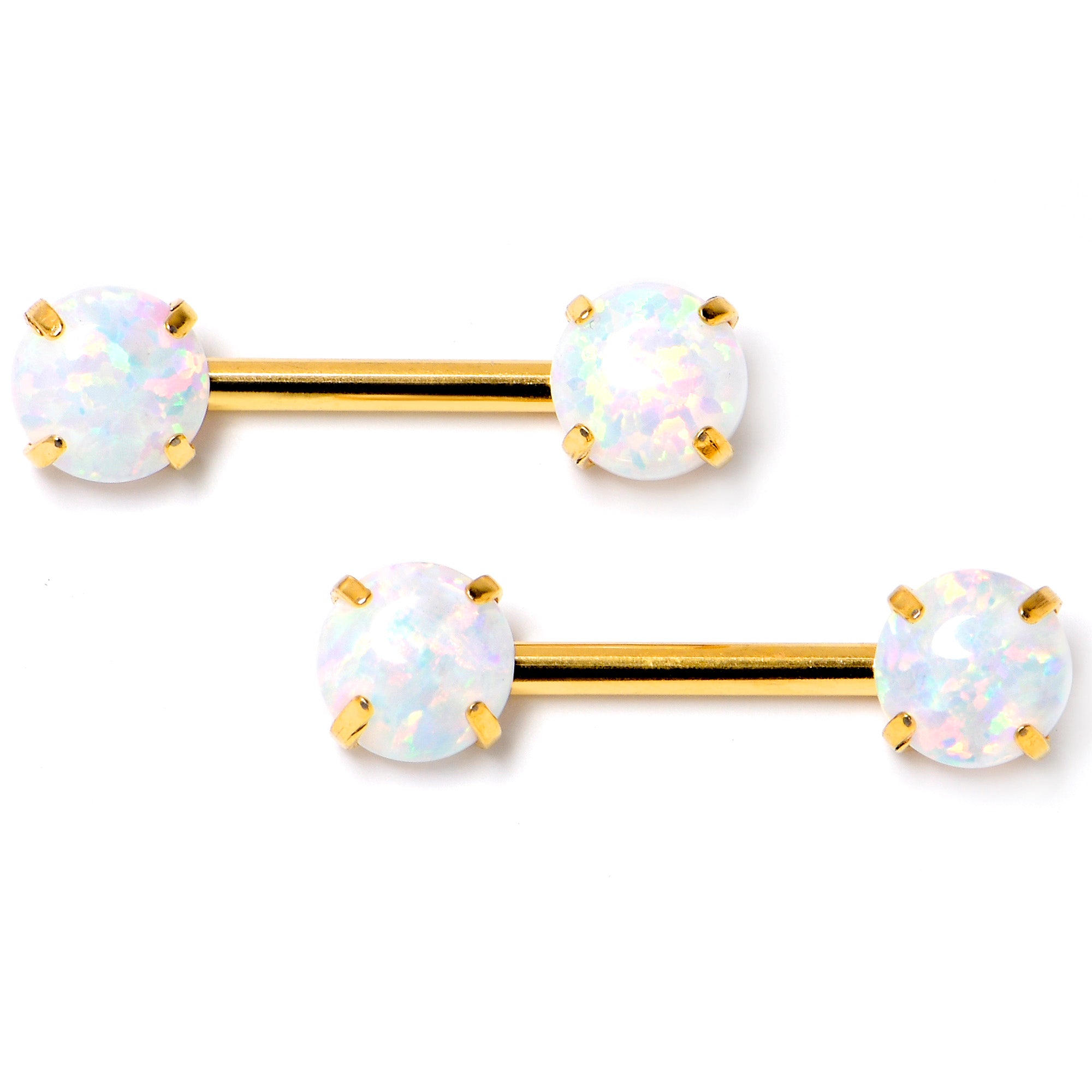 14 Gauge 1/2 White Synthetic Opal Gold Tone Threadless Nipple Ring Set