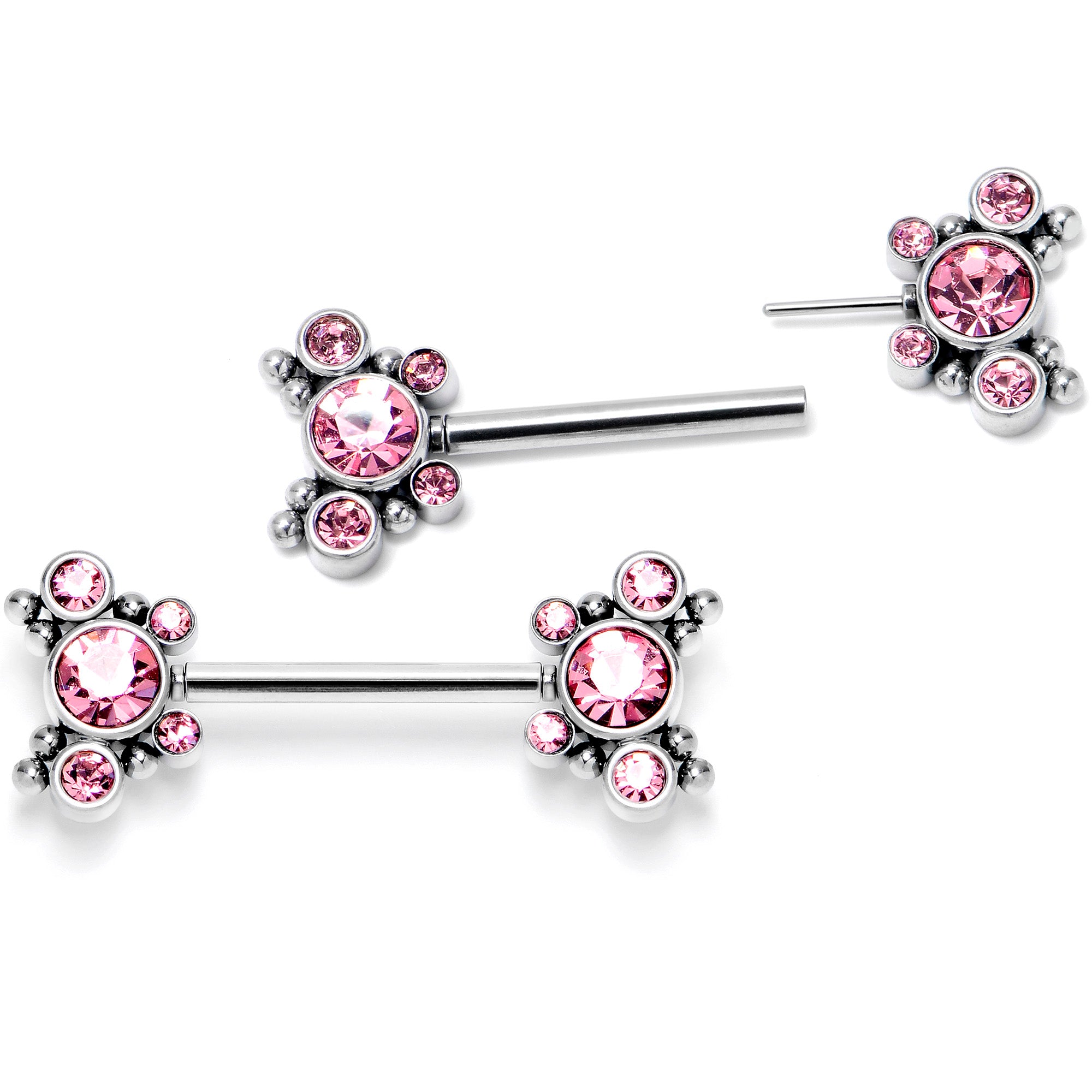 14G 9/16 Pink CZ Gem Circles Threadless Barbell Nipple Ring Set