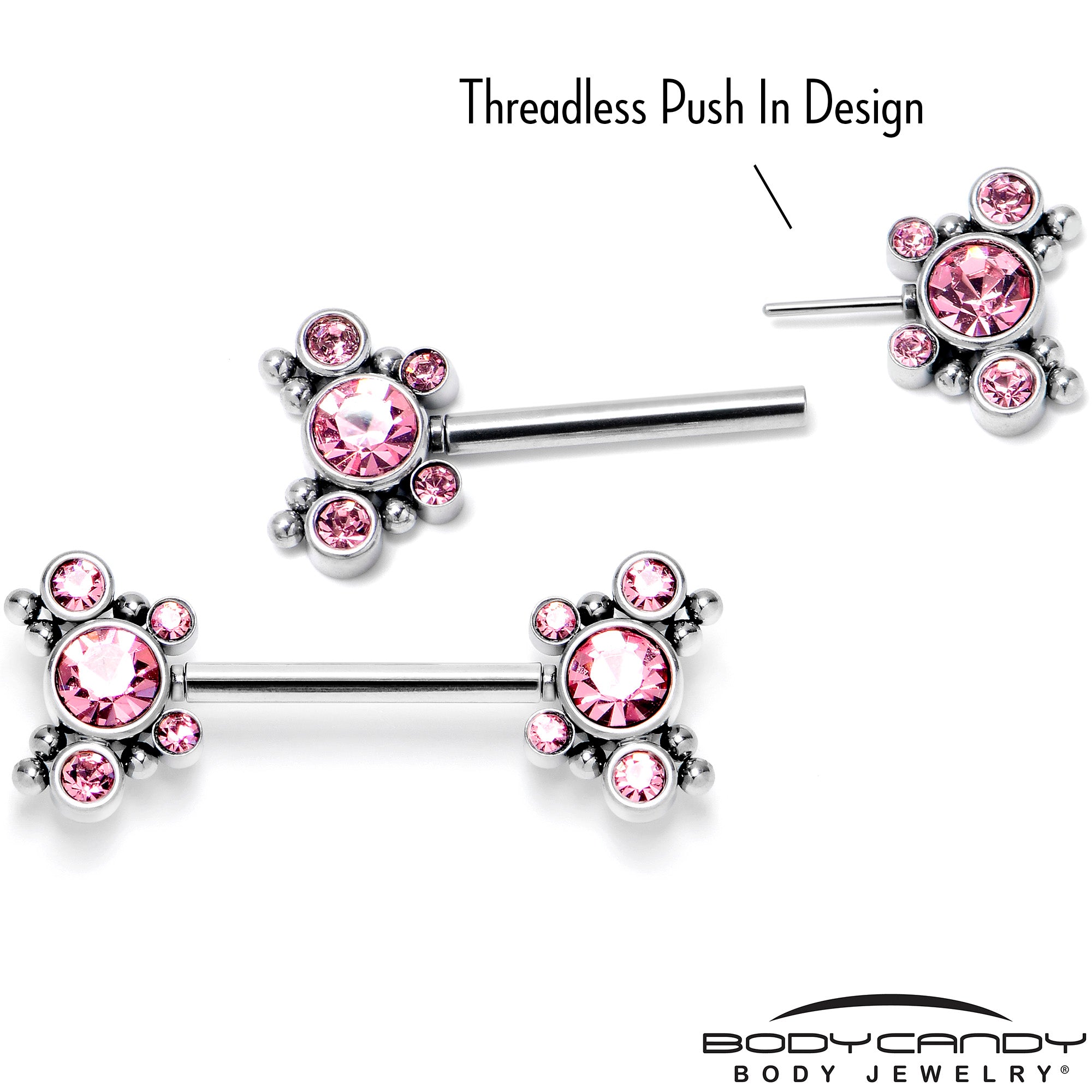 14G 9/16 Pink CZ Gem Circles Threadless Barbell Nipple Ring Set