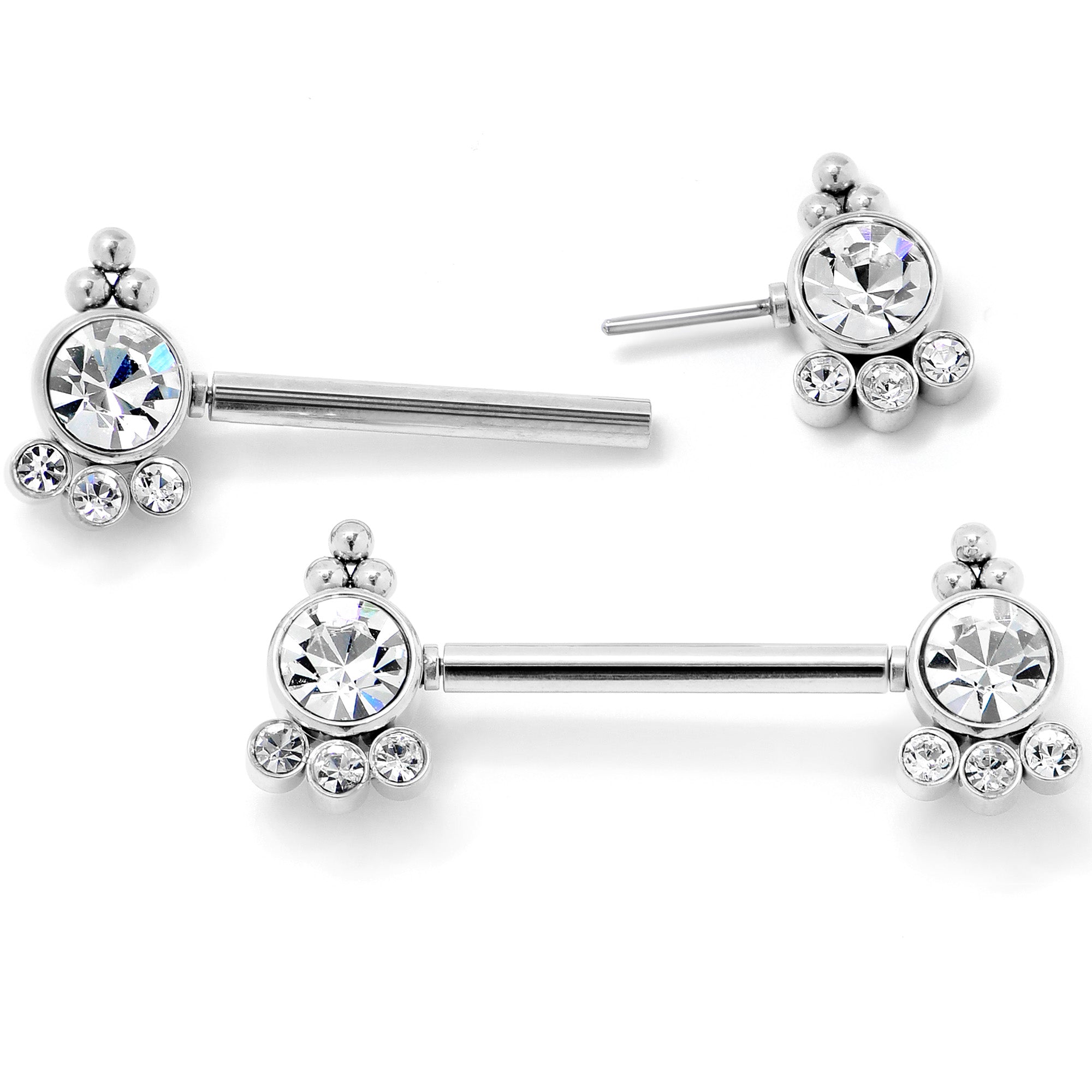 14G 9/16 Clear CZ Gem Style Threadless Barbell Nipple Ring Set