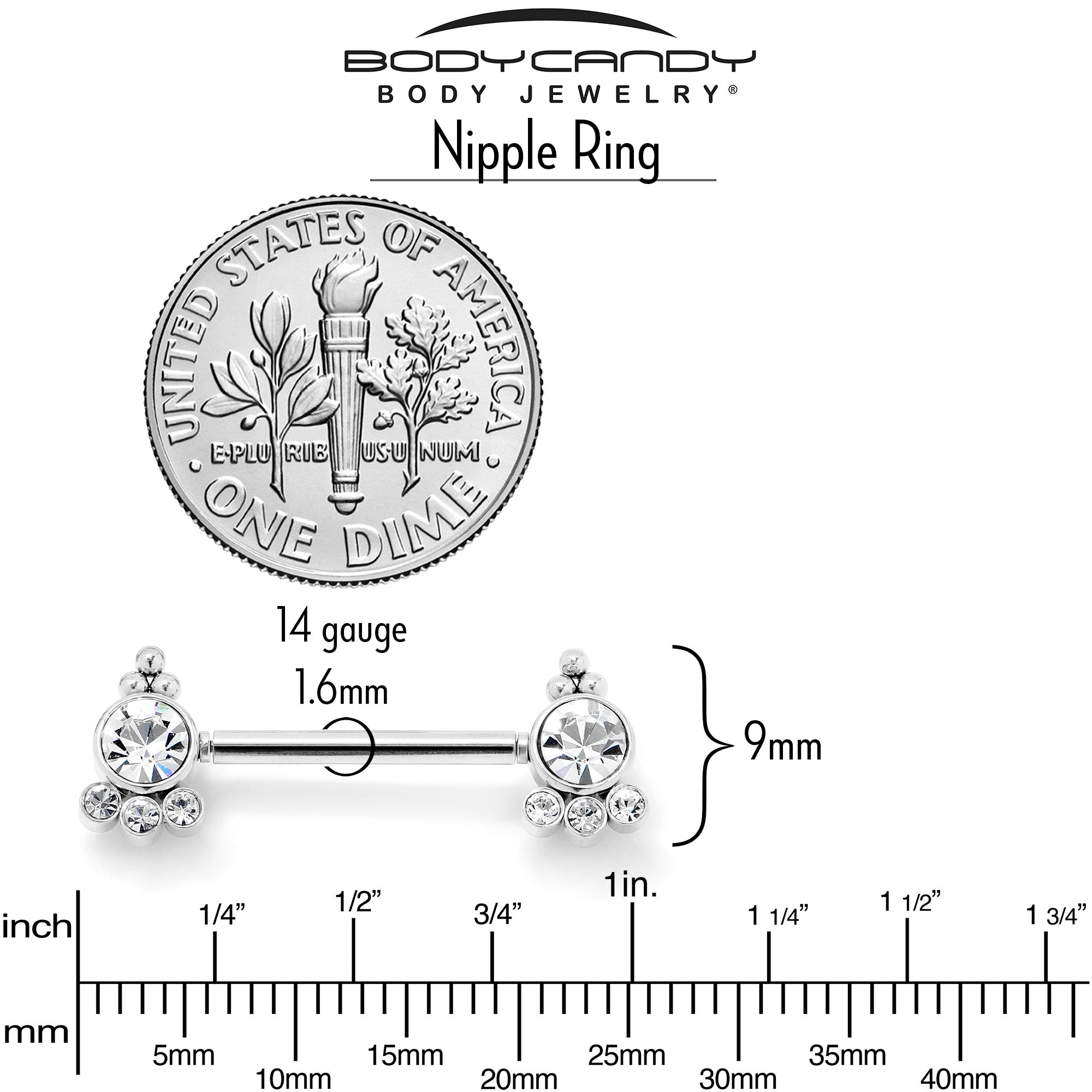 14G 9/16 Clear CZ Gem Style Threadless Barbell Nipple Ring Set