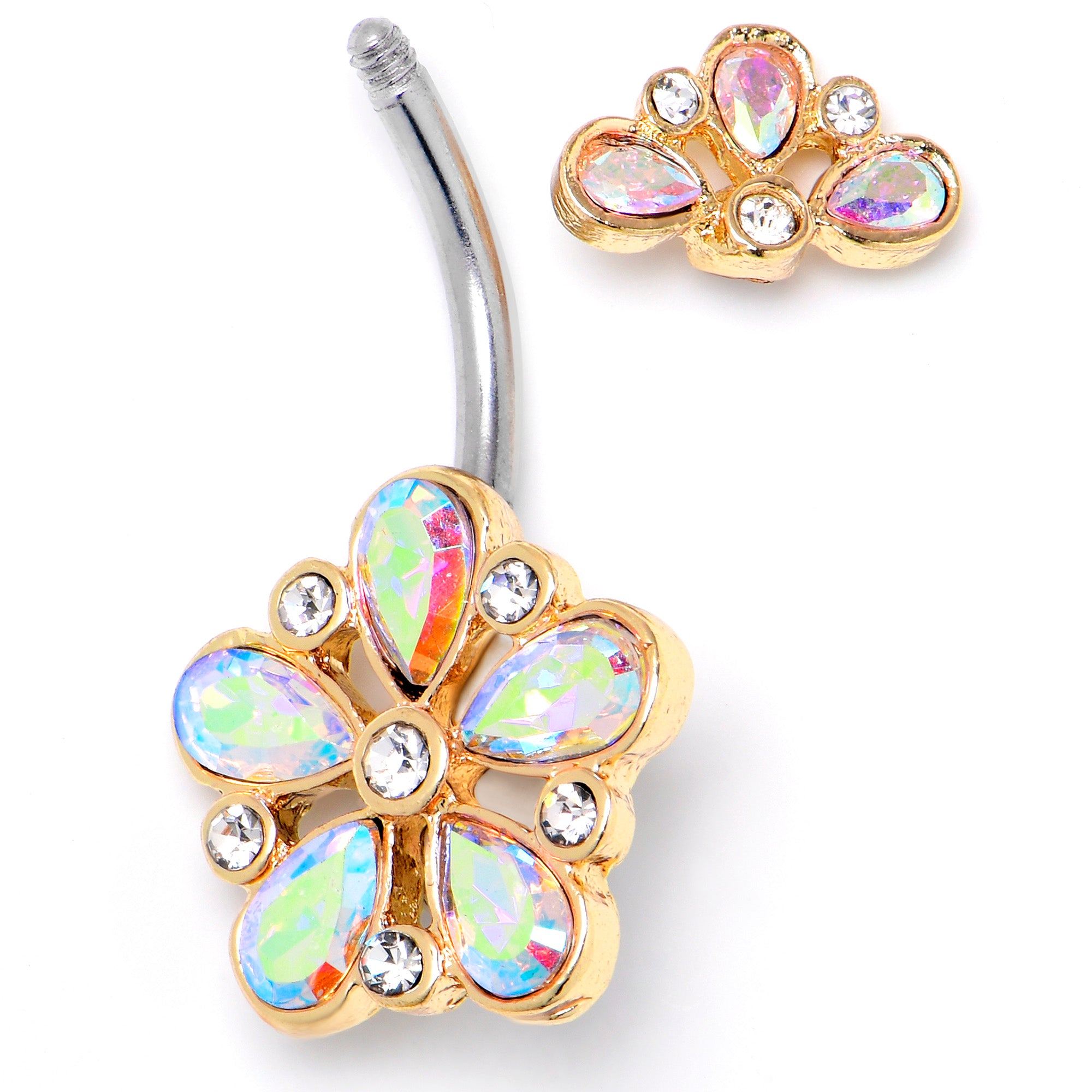 Aurora Clear Gem Filigree Flower Fantasy Double Mount Belly Ring