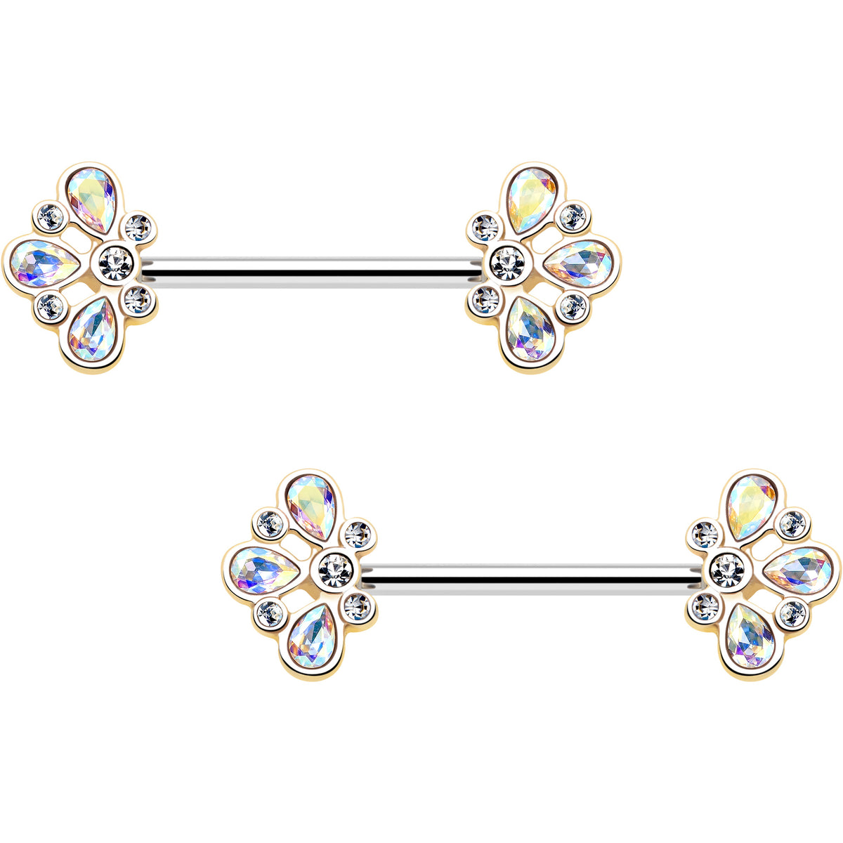 14G 9/16 Aurora Gem Golden Crown Deluxe Barbell Nipple Ring Set