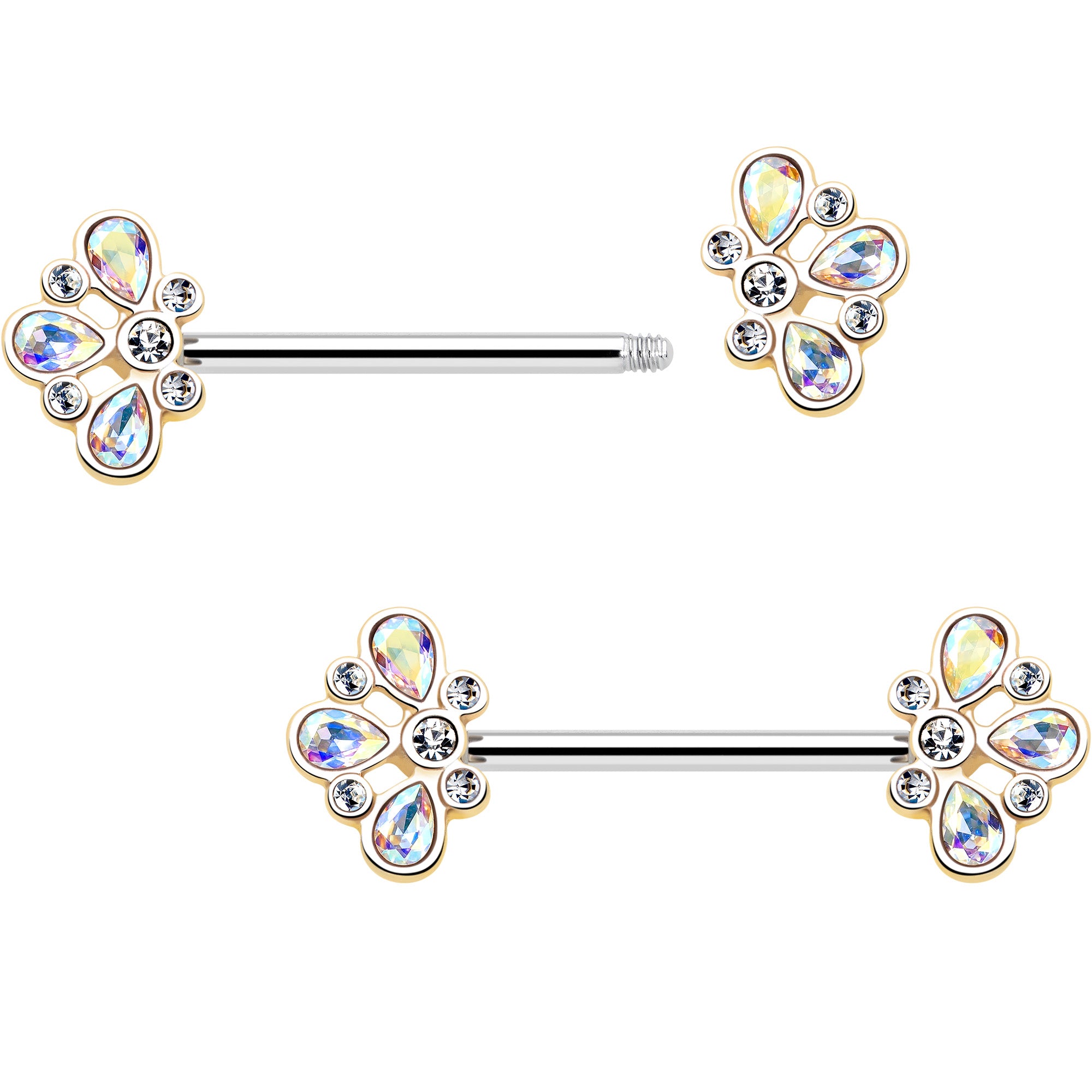 14G 9/16 Aurora Gem Golden Crown Deluxe Barbell Nipple Ring Set