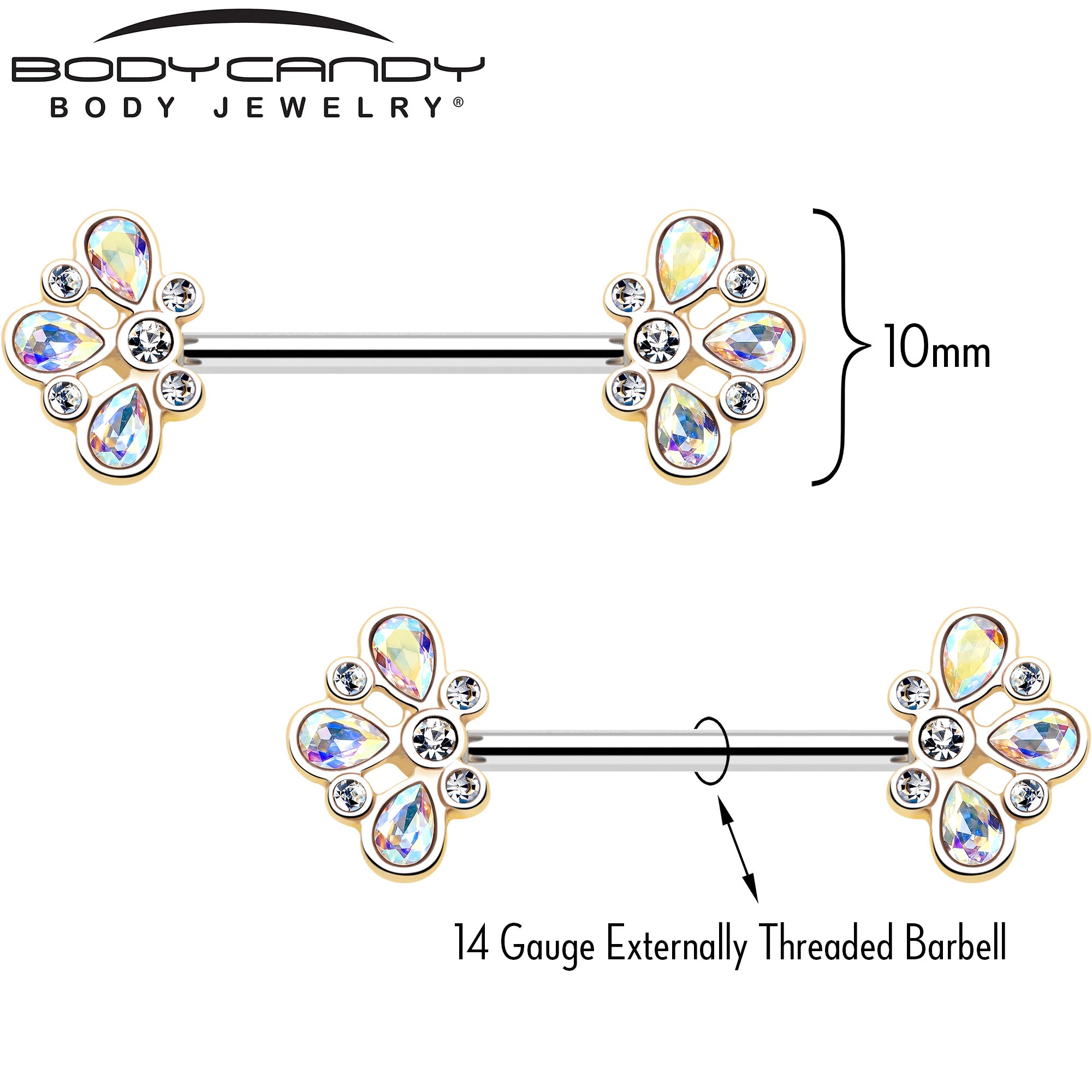 14G 9/16 Aurora Gem Golden Crown Deluxe Barbell Nipple Ring Set