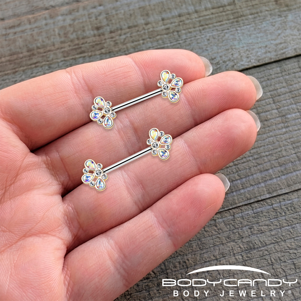 14G 9/16 Aurora Gem Golden Crown Deluxe Barbell Nipple Ring Set